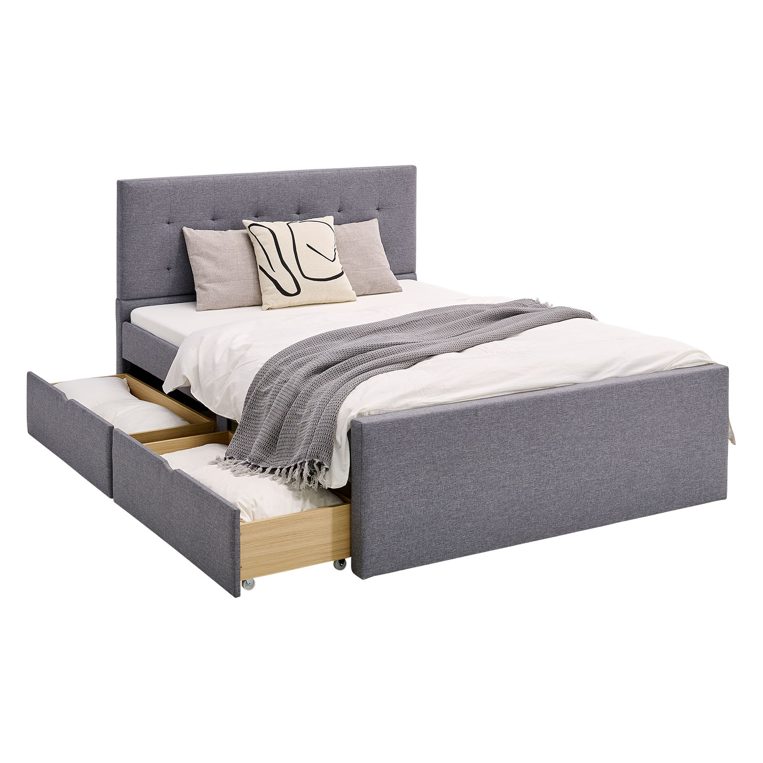 Lit double 160 x 200 cm avec tête de lit réglable, lit une place et demie avec sommier à lattes, lit rembourré en gris et beige, structure lit double Lit double 160 x 200 cm avec tête de lit réglable, lit une place et demie avec sommier à lattes, lit rembourré en gris et beige, structure lit double