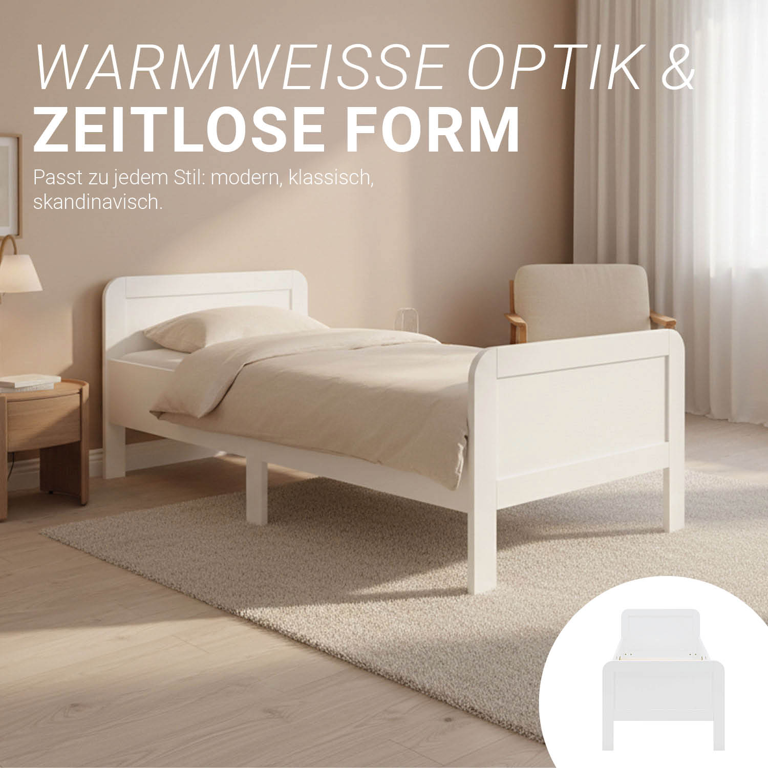 Comfort Bed 90x200 cm White | Senior Bed Height Adjustable | Single Bed | Wood | without Slatted Frame