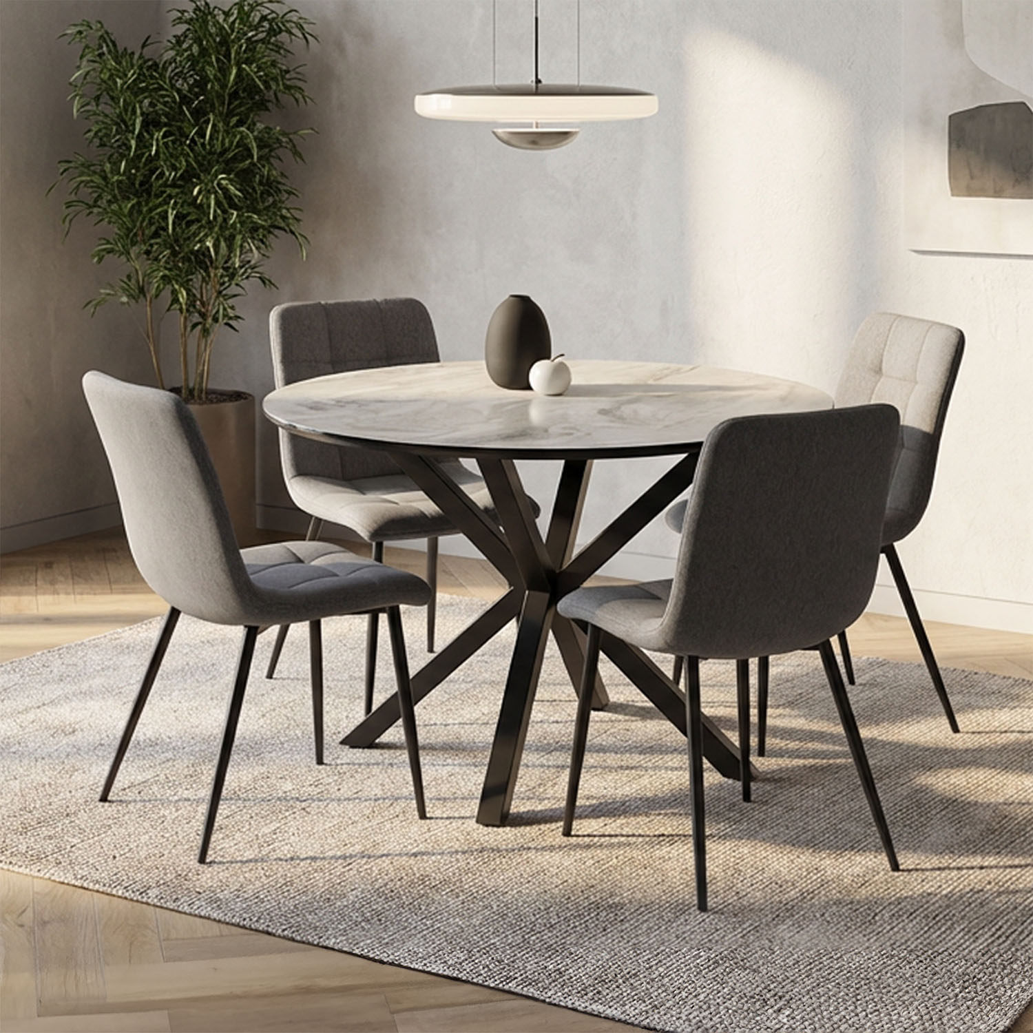 Dining set | 4-piece set upholstered chairs grey | dining table grey black metal frame round 110 cm
