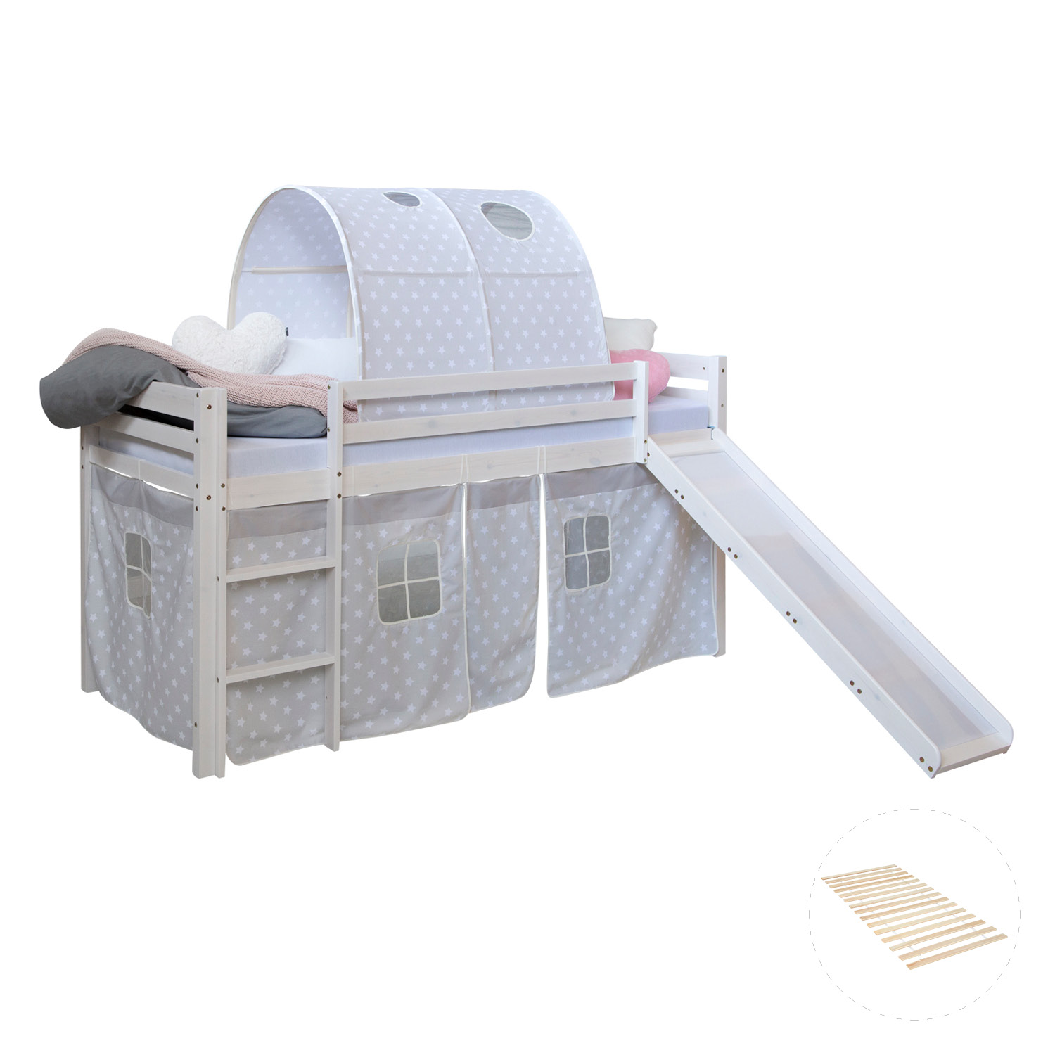 Loft Bed Kids 90x200 cm White with Curtain Stars | Tunnel | Slide | with Slatted Frame