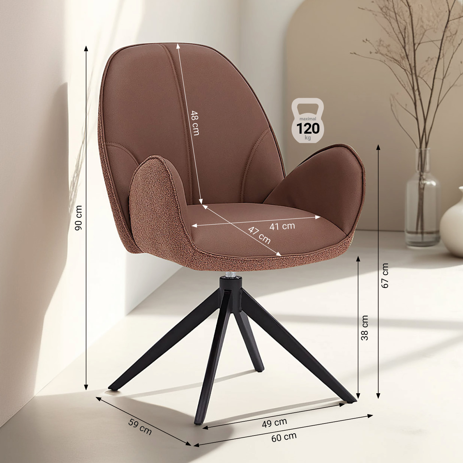 Dining set | 6-piece set upholstered chairs brown bouclé Leder with armrest | swivel | dining table brown metal frame 200 x 100 cm