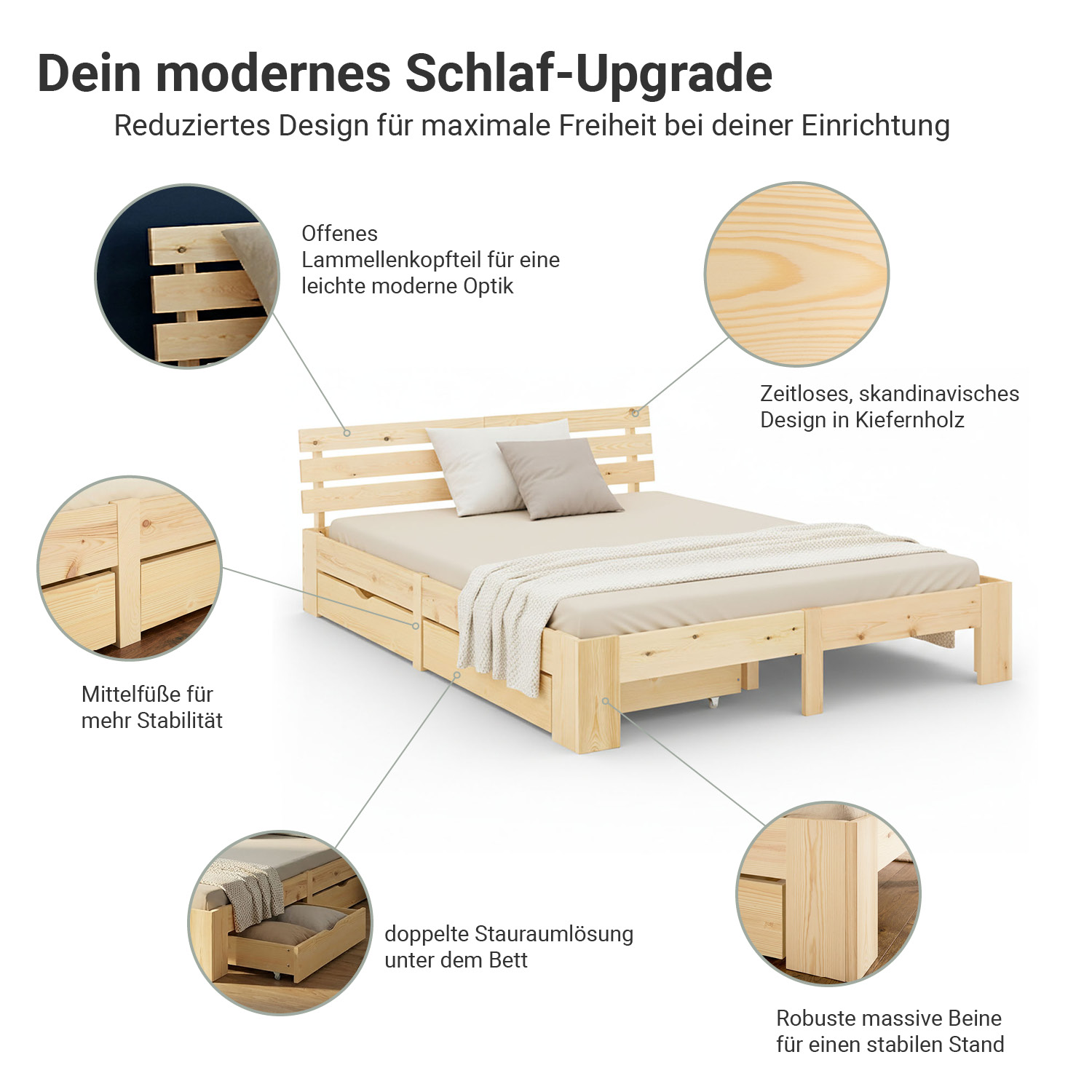 Wood Bed 180x200 cm Natural | Double Bed | with 2 Spring Mattress | 2 Drawers | Youth Guest Bedroom