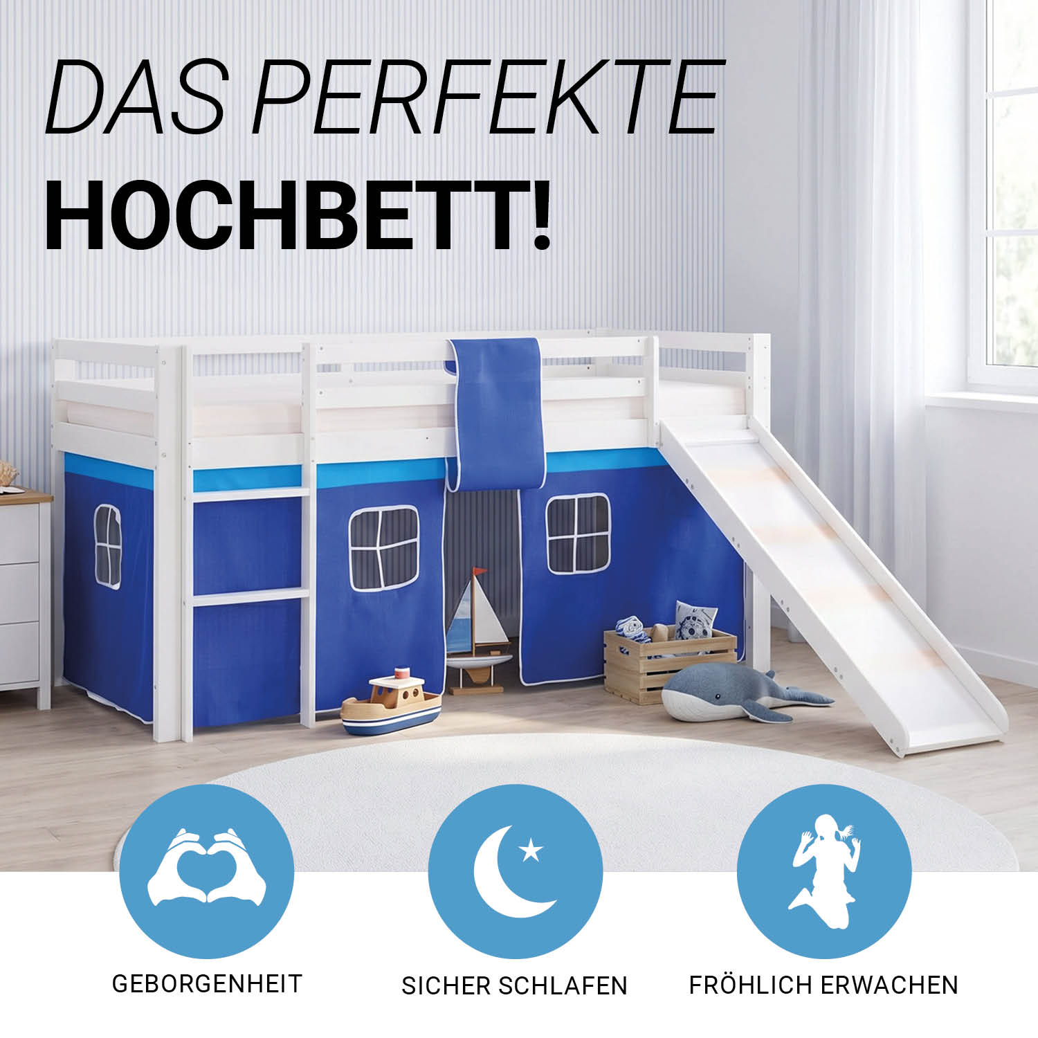 Children's Loft Bed 90x200 cm White with Blue Curtain | Slide | Without Slatted Base | For Boys