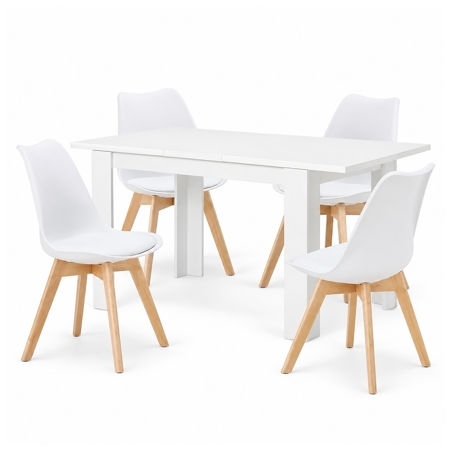 Dining Set (5-Piece): 120x80 cm white extendable dining table with 4 plastic chairs and wooden legs