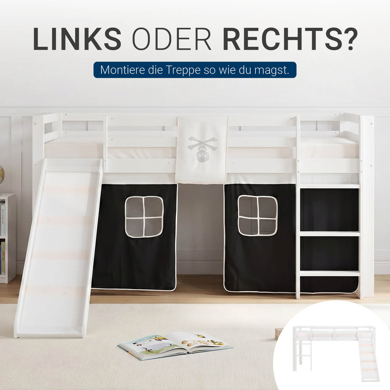 Children's Loft Bed 90x200 cm White with Black Curtain | Slide | Without Slatted Base | Pirate | Boys