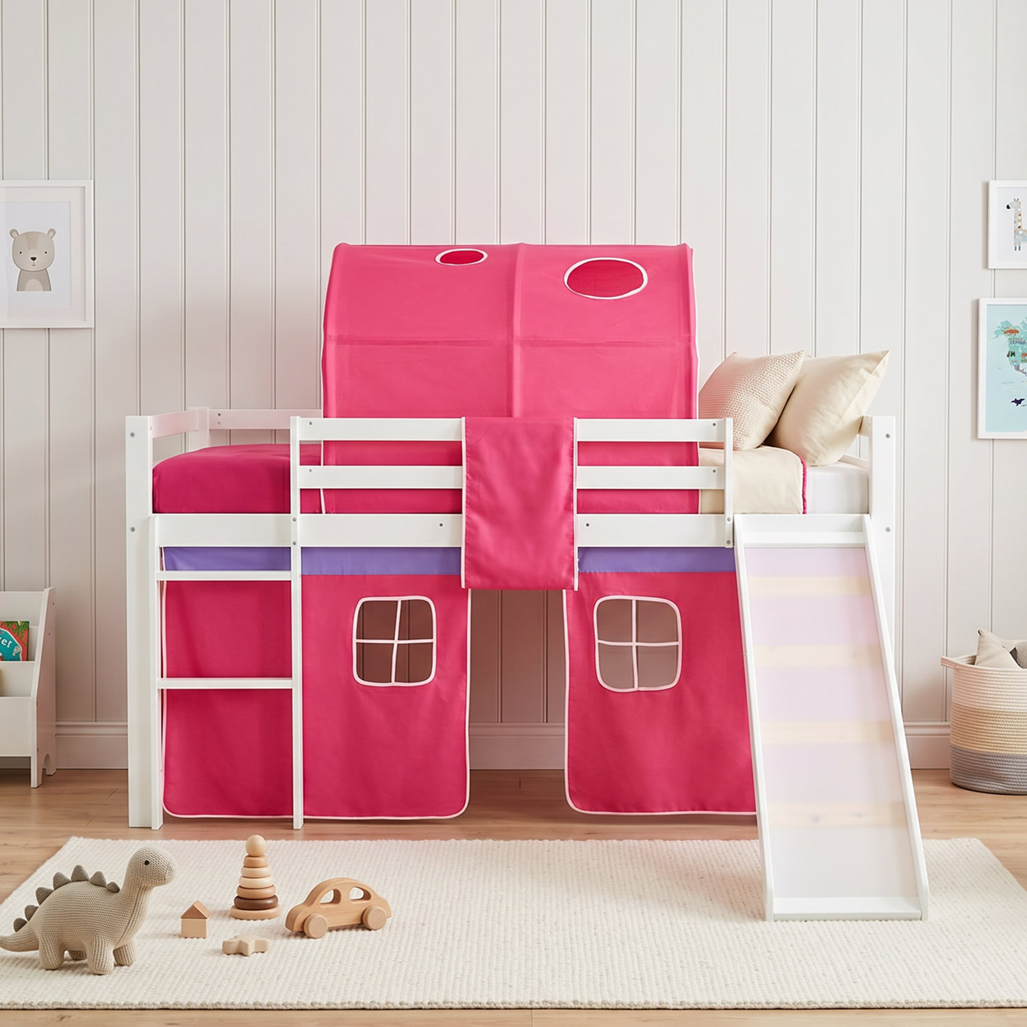 Children's Loft Bed 90x200 cm, White with Pink Curtain | Tunnel | Slide | Includes Slatted Base