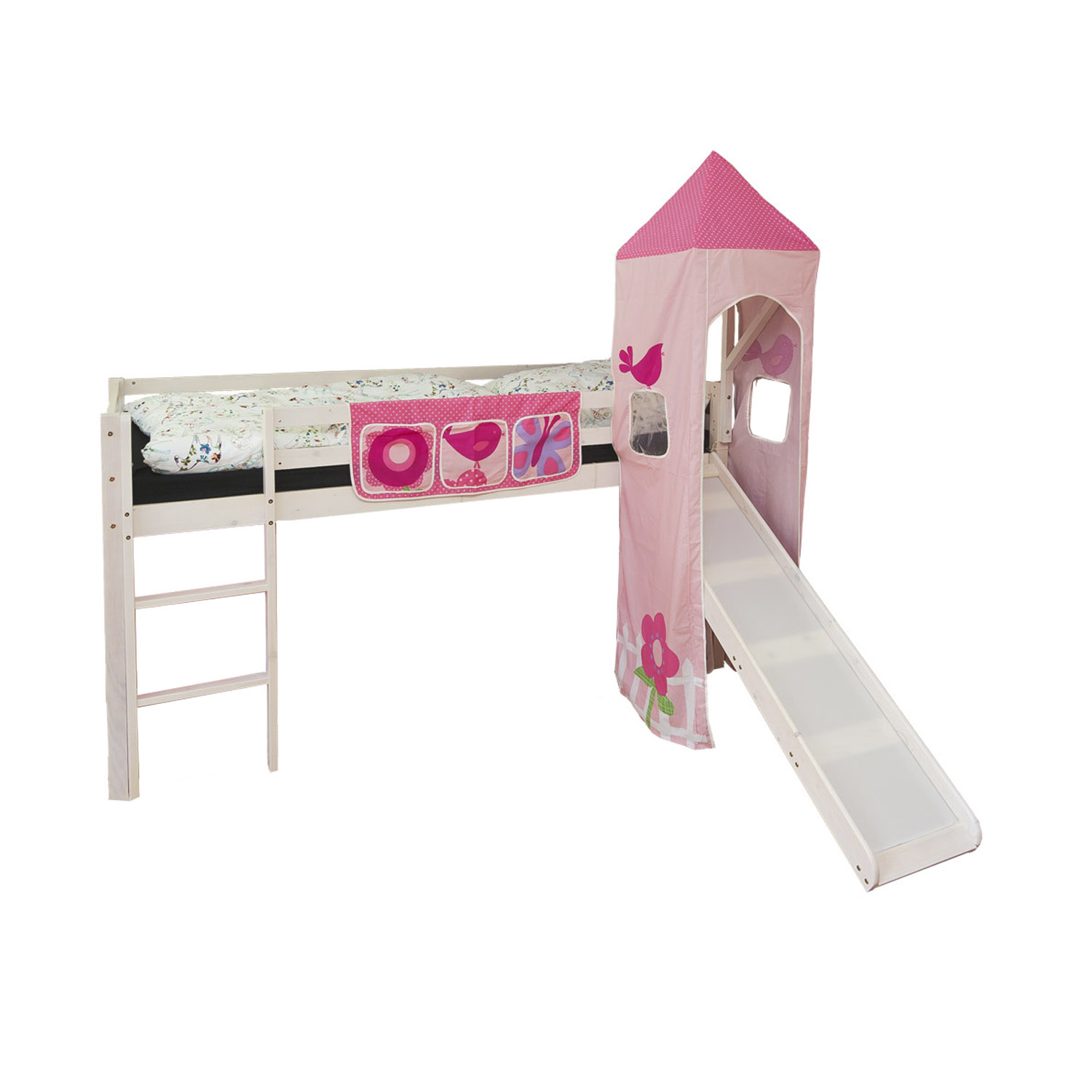 Kinderhochbett in Rosa und Pink mit Holzelementen, Rutsche, Leiter und Spielturm. Der Artikel ist freigestellt auf weißem Hintergrund abgebildet. Sichtbare Details sind eine Leiter, seitliche Schutzgitter, eine Rutsche und ein Stoffturm mit spitzem Dach u