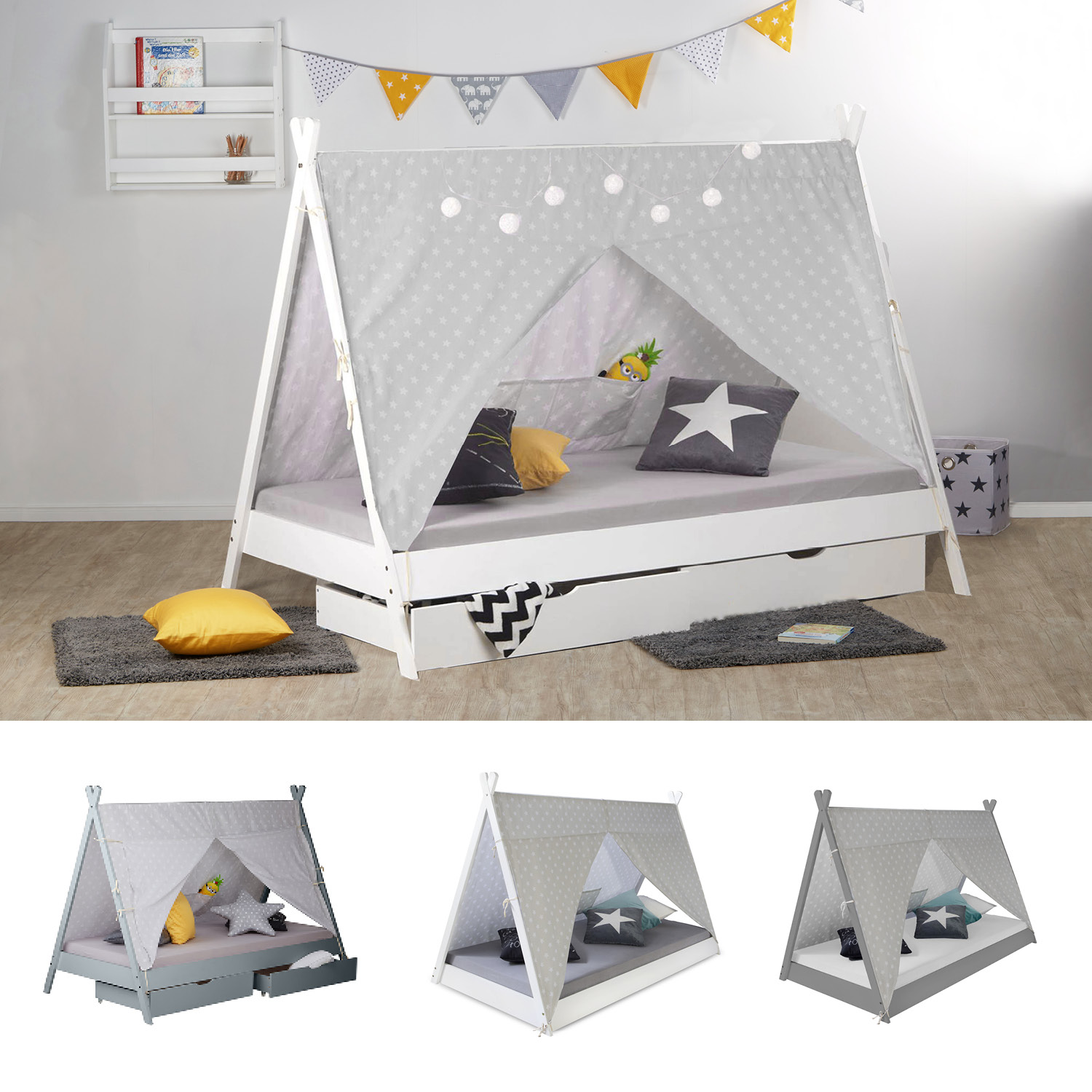 Kids Bed TIPI 90x200 cm White Grey Wooden Bed Optional Bed Drawer Indian Bed House Bed Play Bed 