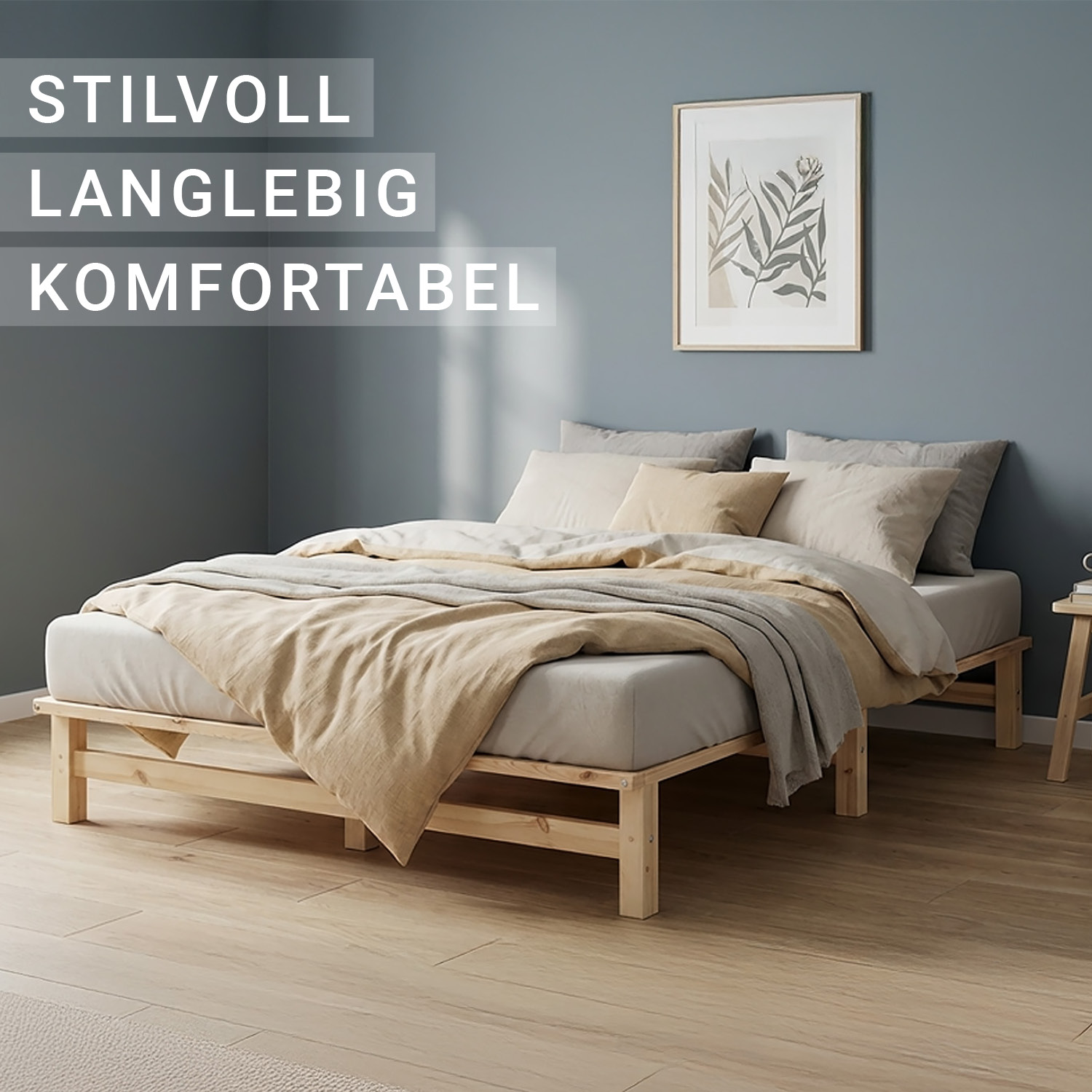 140x200 cm Natural Pallet Bed – Wooden Double Bed with Mattress & Slatted Base for Teen Rooms, Guest Rooms, and Bedrooms