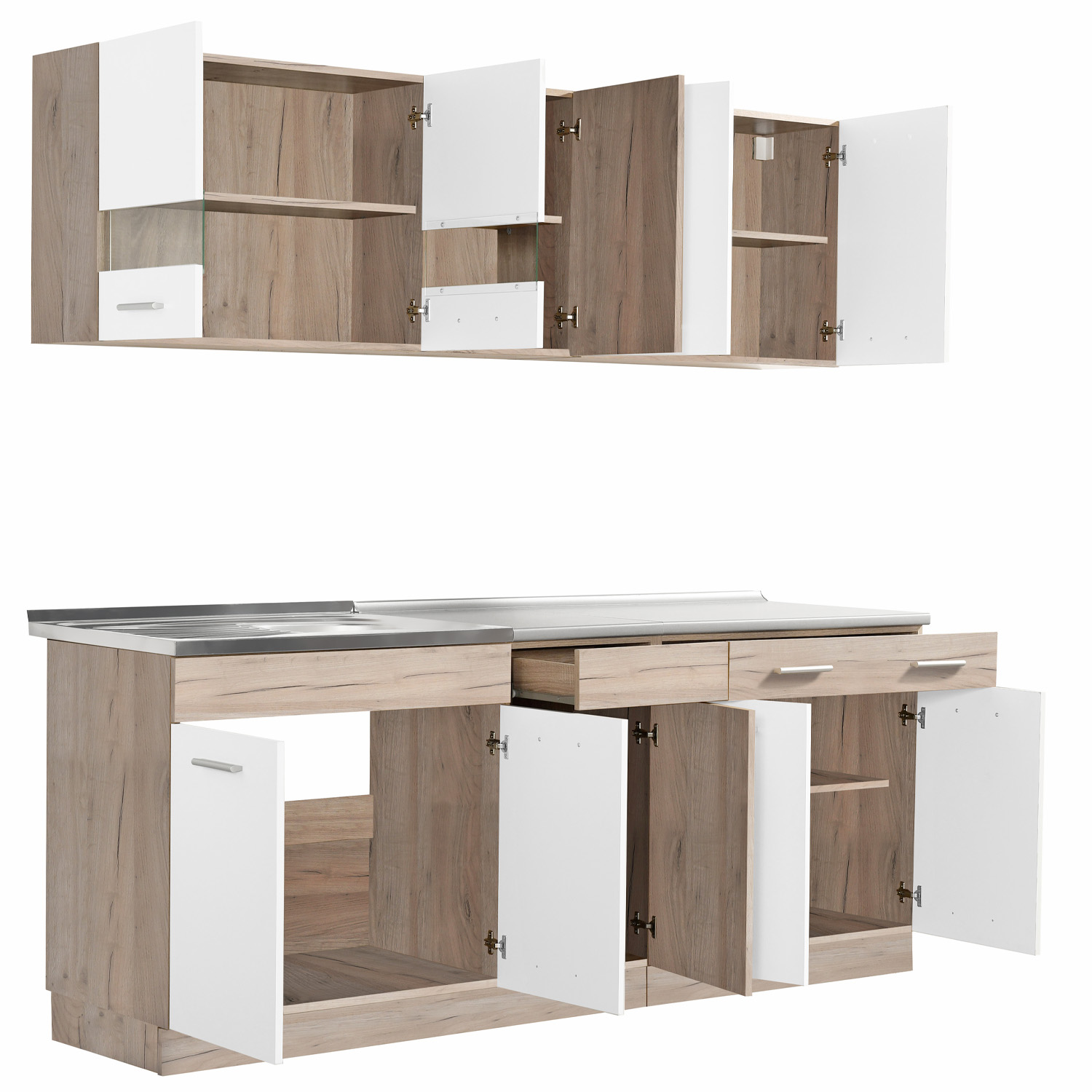 200 cm White Oak Kitchen Unit – Modern Kitchen Unit Without Appliances, Featuring Storage Space
