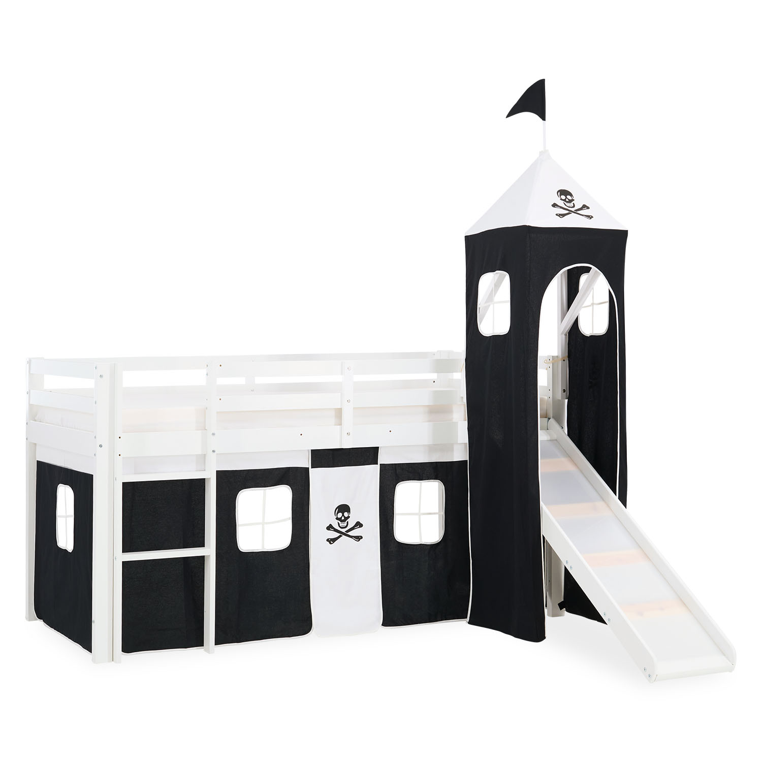 Children's Loft Bed 90x200 cm, White with Black Curtain | Tower | Slide | Without Slatted Base