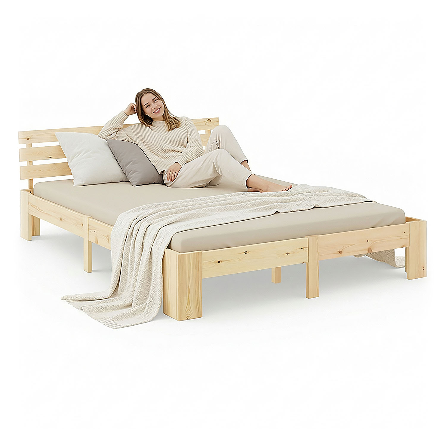 Wood Bed 140x200 cm Natural | Double Bed | with Slatted Frame | Solid | Kids Youth Guest Bedroom