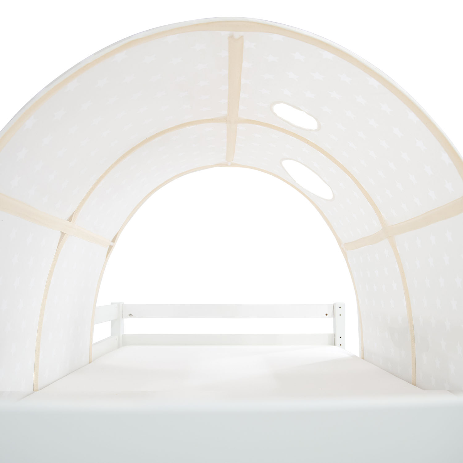 Children's Loft Bed 90x200 cm White with Star Curtain | Tunnel | Slide | Includes Slatted Base | Includes Mattress