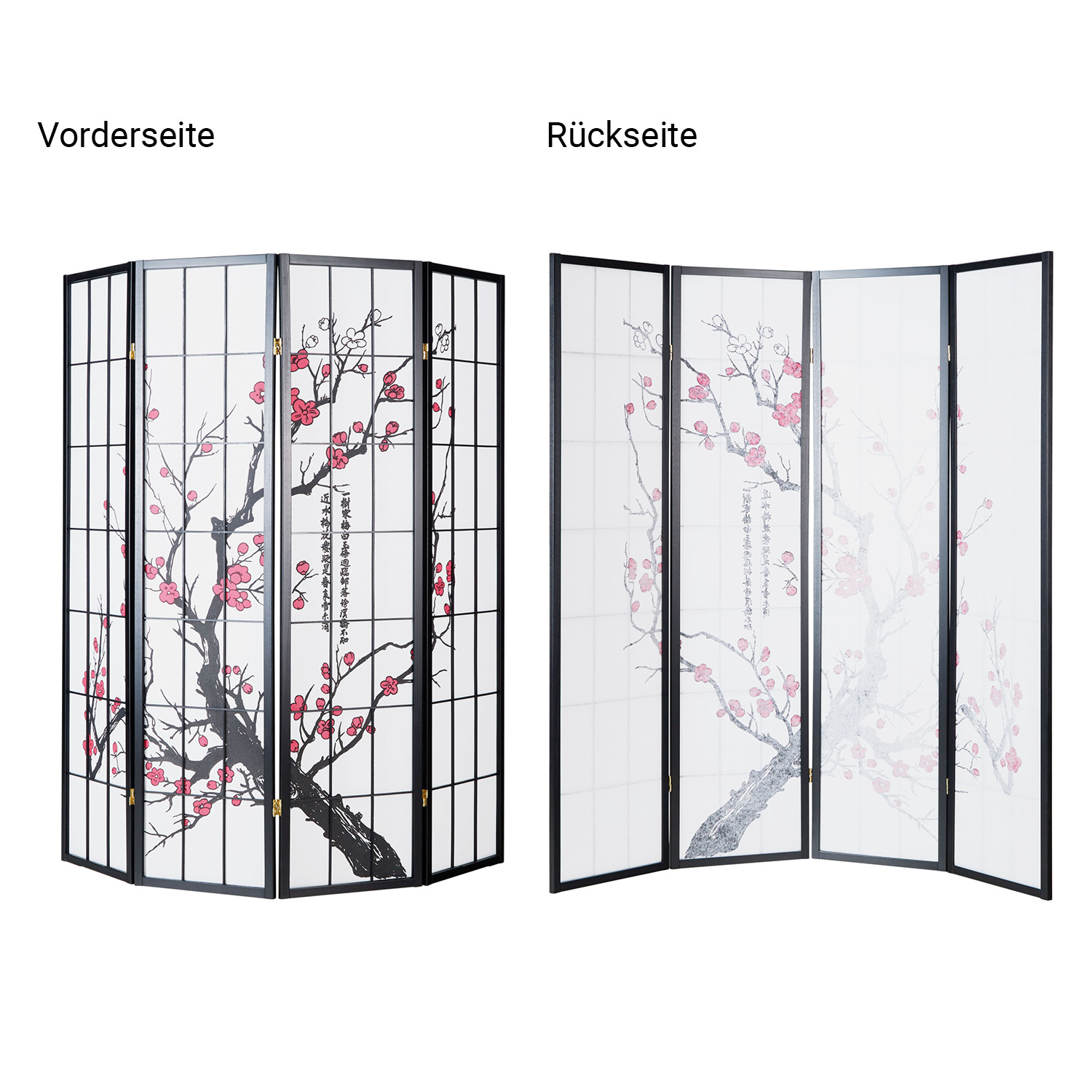 Paravent Black Cherry Pattern | Rice Paper White | 4-panel | Wood | Room Divider Partition Privacy Screen