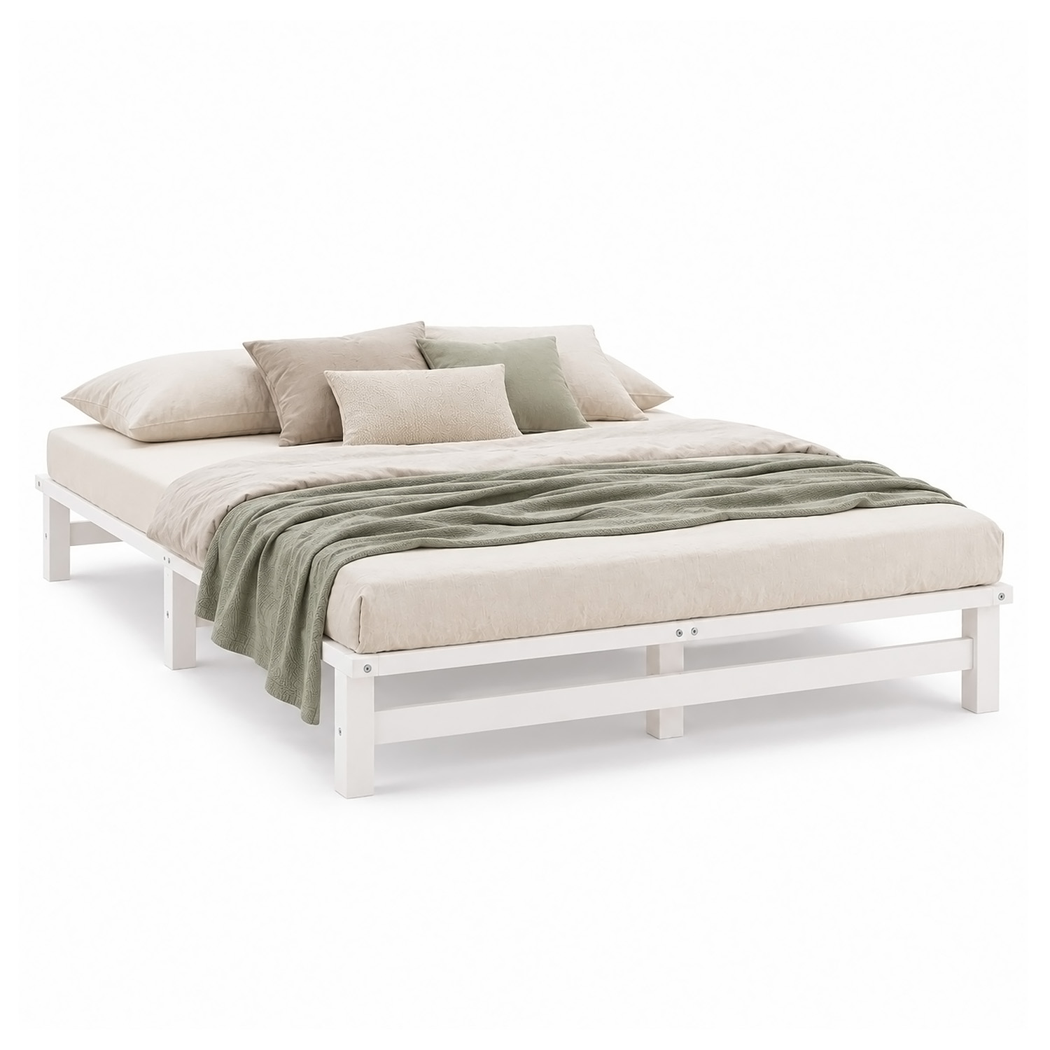 160x200 cm White Pallet Bed – Wooden Double Bed with 2 Mattress & Slatted Base for Teen Rooms, Guest Rooms, and Bedrooms