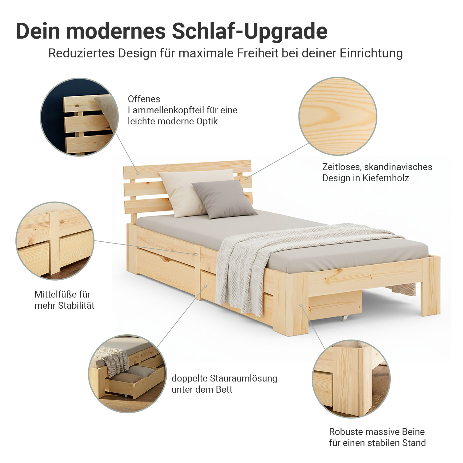 Wooden Bed 90x200 cm, Natural | Single Bed with 2 Underbed Drawers | Incl. Slatted Base | Solid Wood | Child, Teen & Guest Bedroom