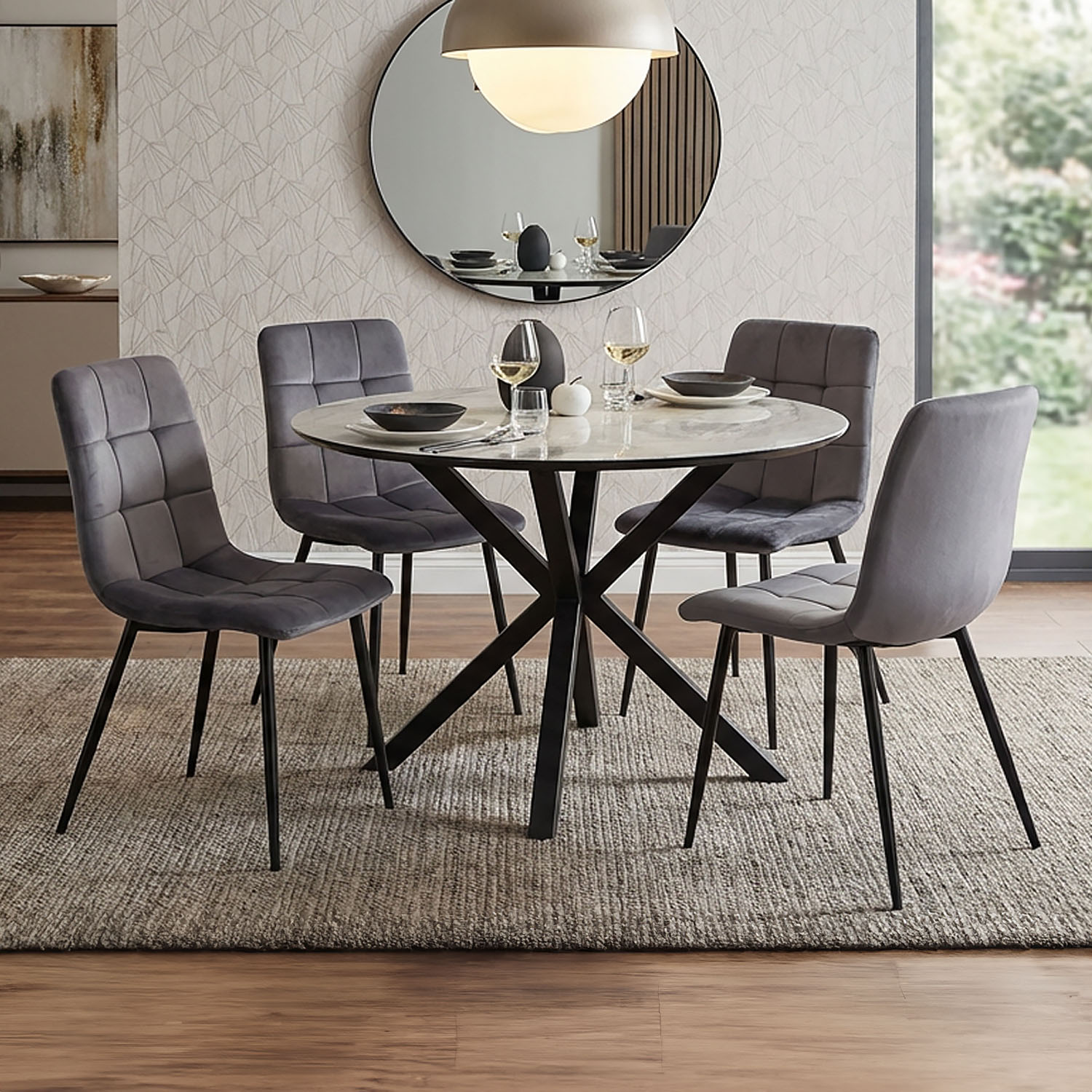 Esstisch mit 2 oder 4 Stühlen Set Essgruppe Polsterstühle Samt Leinen Grau Esszimmertisch Rund Ø 110 cm Modern