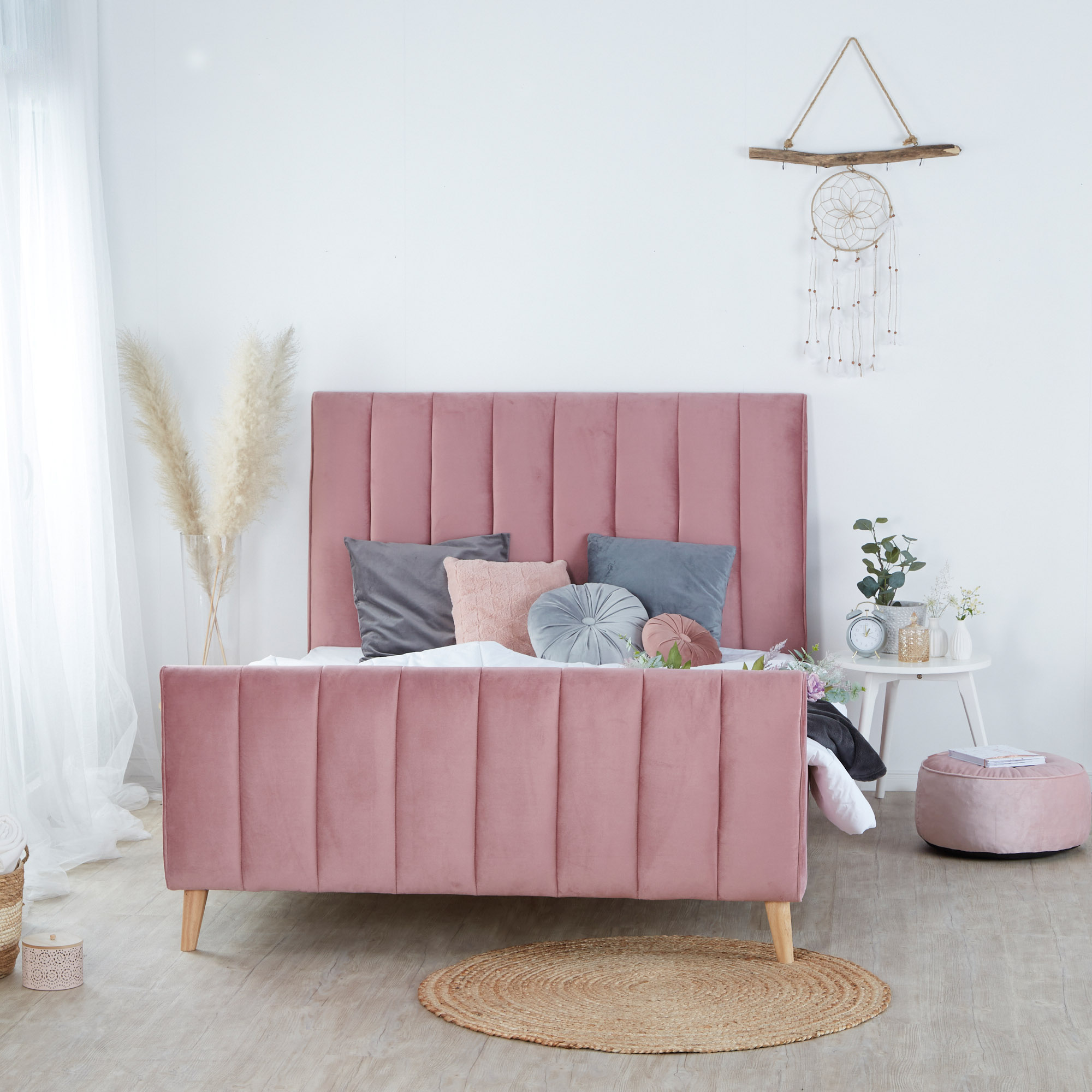 Upholstered Bed Fabric Double Bed 140x200 cm with Slatted Frame Old Pink