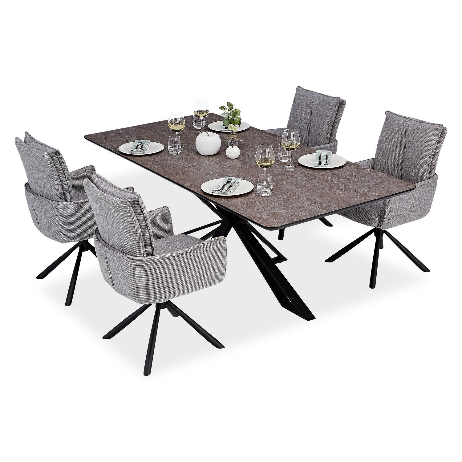 Dining set | 4-piece set upholstered chairs grey with armrest | swivel | dining table brown metal frame 200 x 100 cm