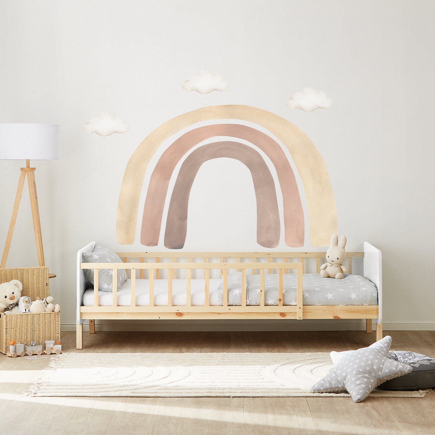 Children's Bed 90x200 cm White Natural | Retro Bed with Fall Protection | Single Bed | with Slatted Frame | Wood