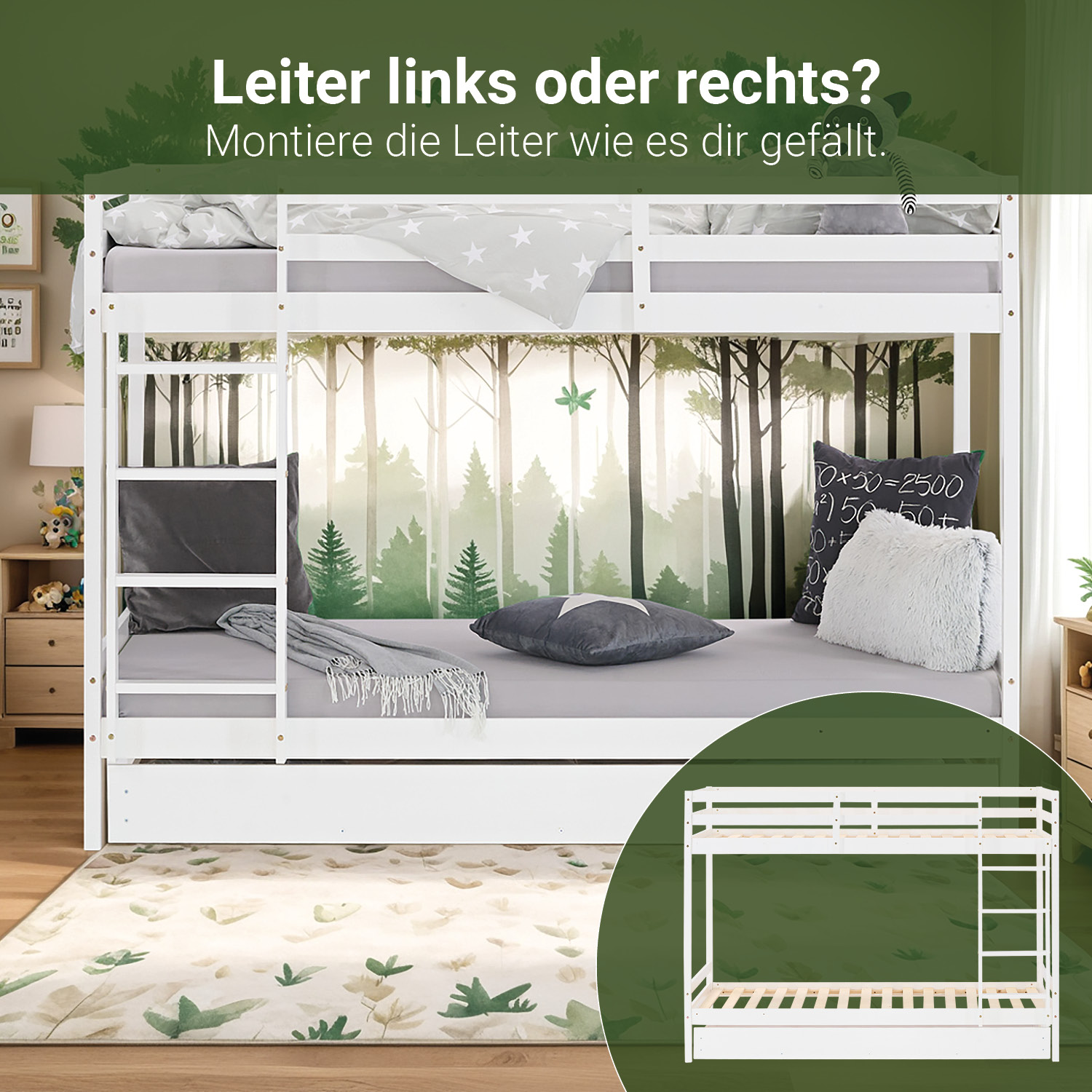 Bunk bed with drawer and 2 matresses Children bed 90x200 cm wooden Kids bed High sleeper White Slats