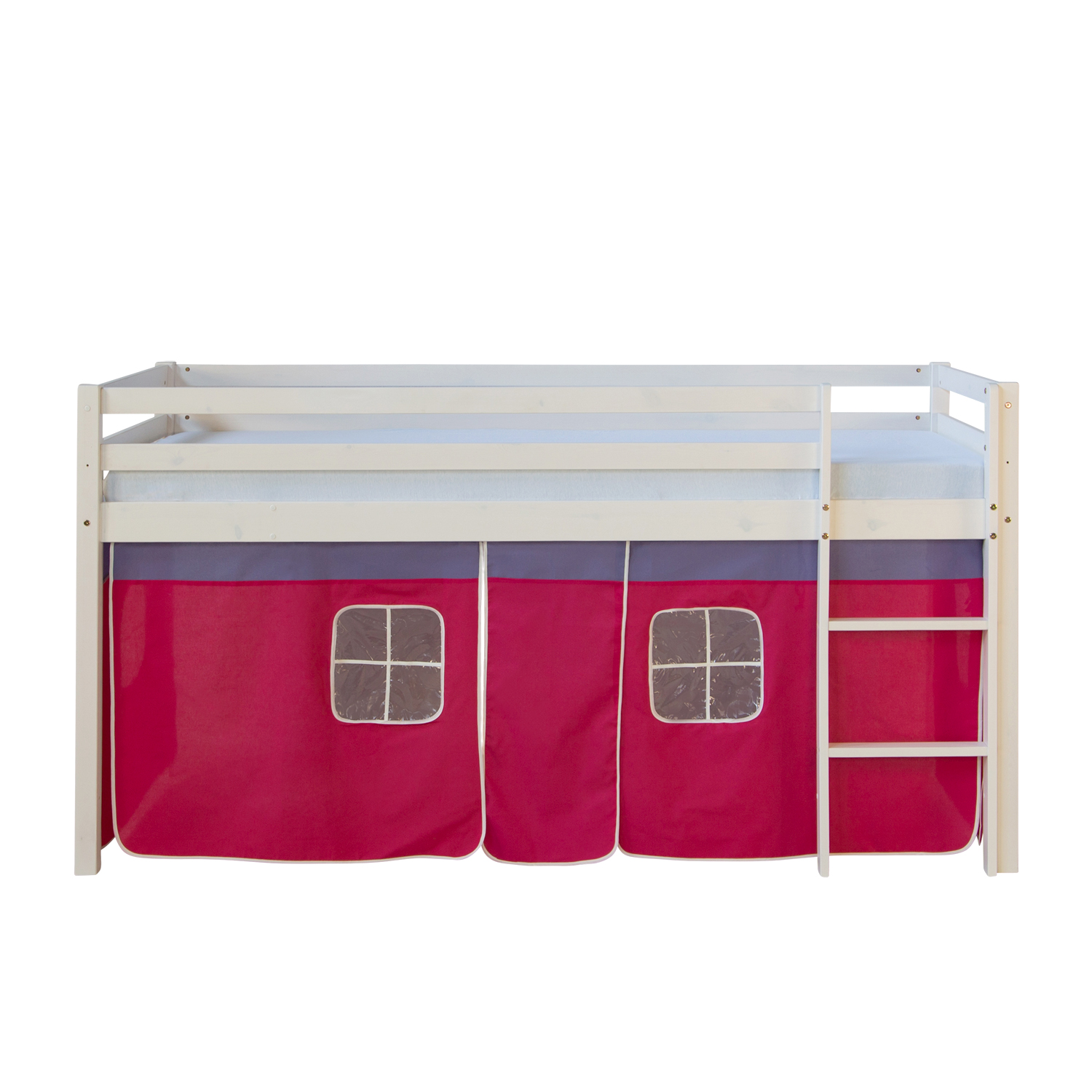 Loft Bed Kids 90x200 cm White with Curtain Pink | without Slatted Frame Loftbed 90x200 cm with Mattress Bunk bed Childrens bed Solid Pine Wood Slats Curtain Pink