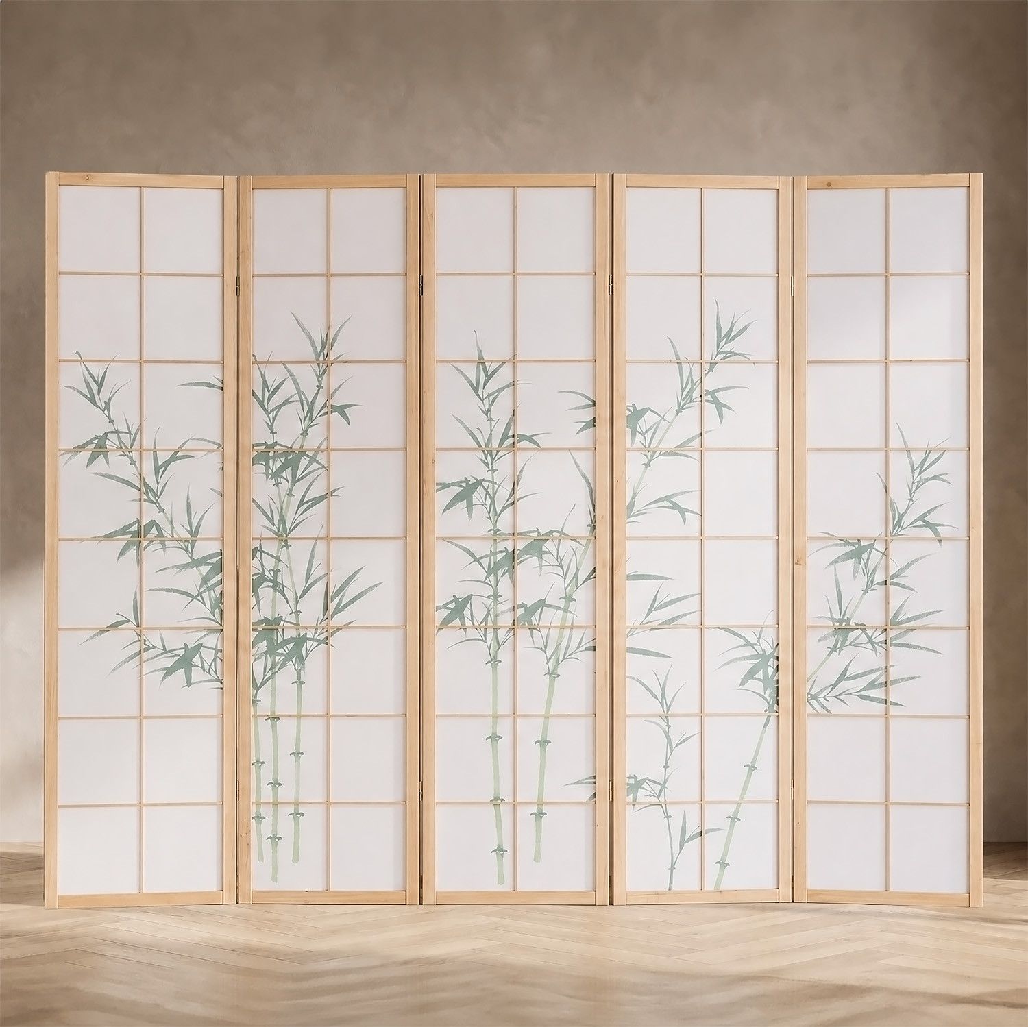 5-panel "Nature" folding screen with bamboo motif – Japanese room divider & privacy screen