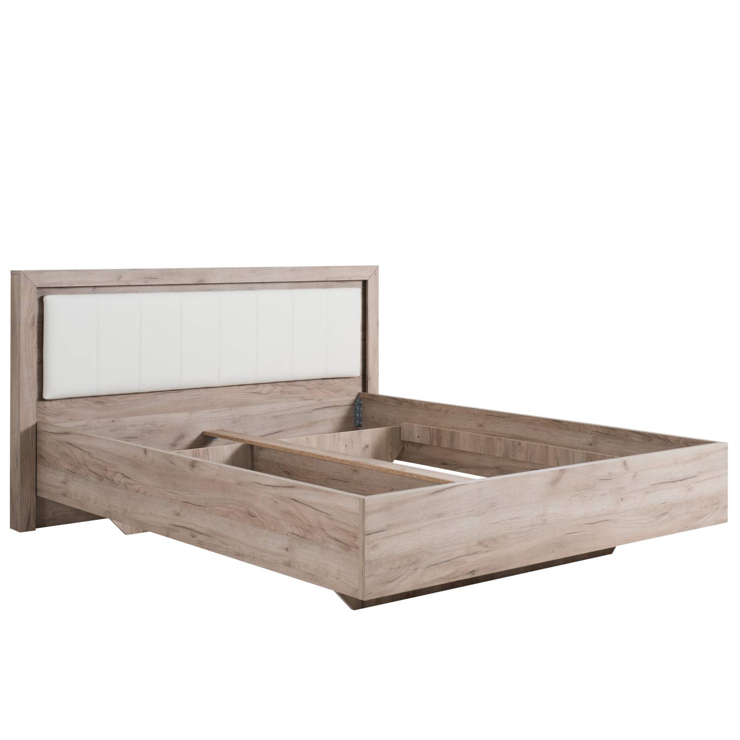 Wooden bed with upholstered headboard 160x200 cm oak und Leder Weiß | with 2 slatted frames | double fabric bed