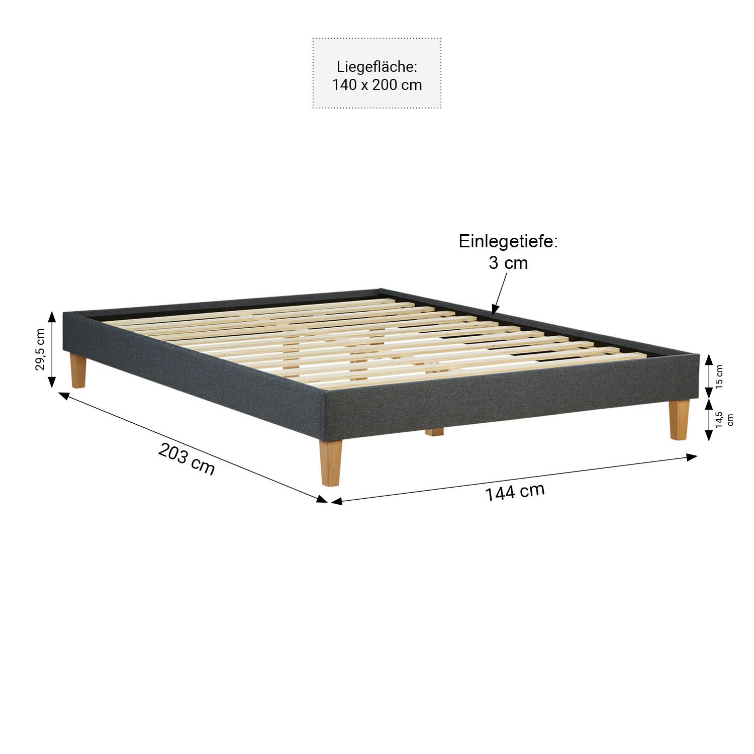 Upholstered bed 140x200 cm grey | futon bed | with slatted frame | double fabric bed frame