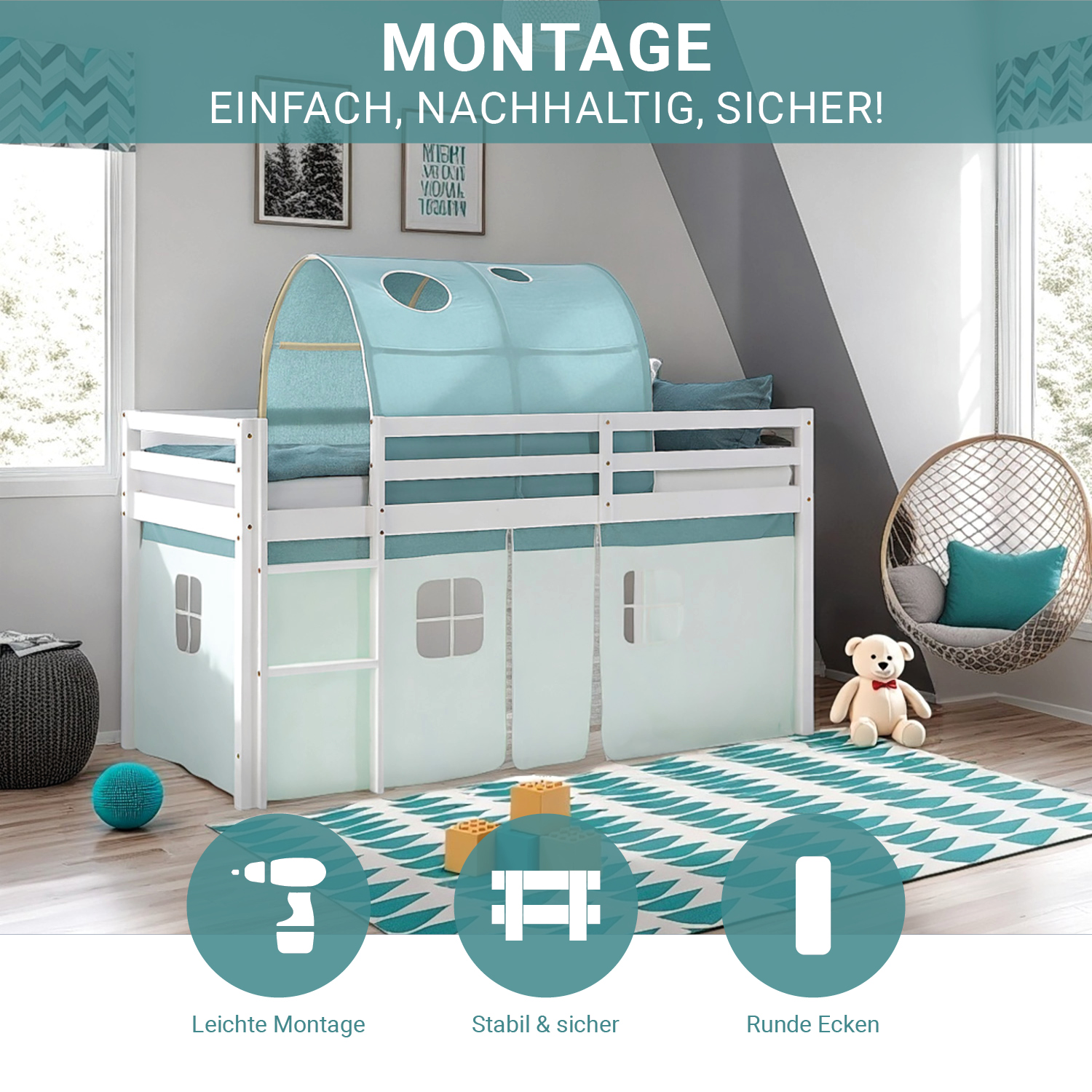Children's Loft Bed 90x200 cm White with Mint Green Curtain | Tunnel | Includes Slatted Base and Mattress