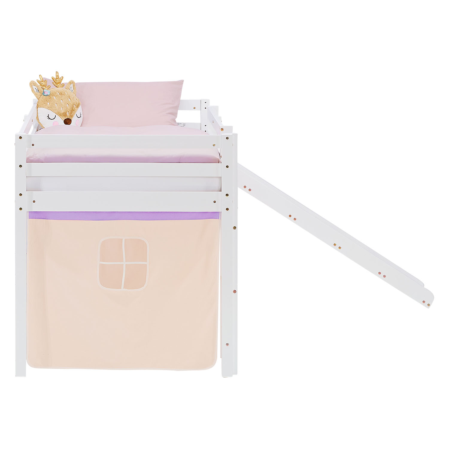 Loft Bed for Kids 90x200 cm White with Curtain in Lilac Beige | Slide | with Slatted Frame and Mattress