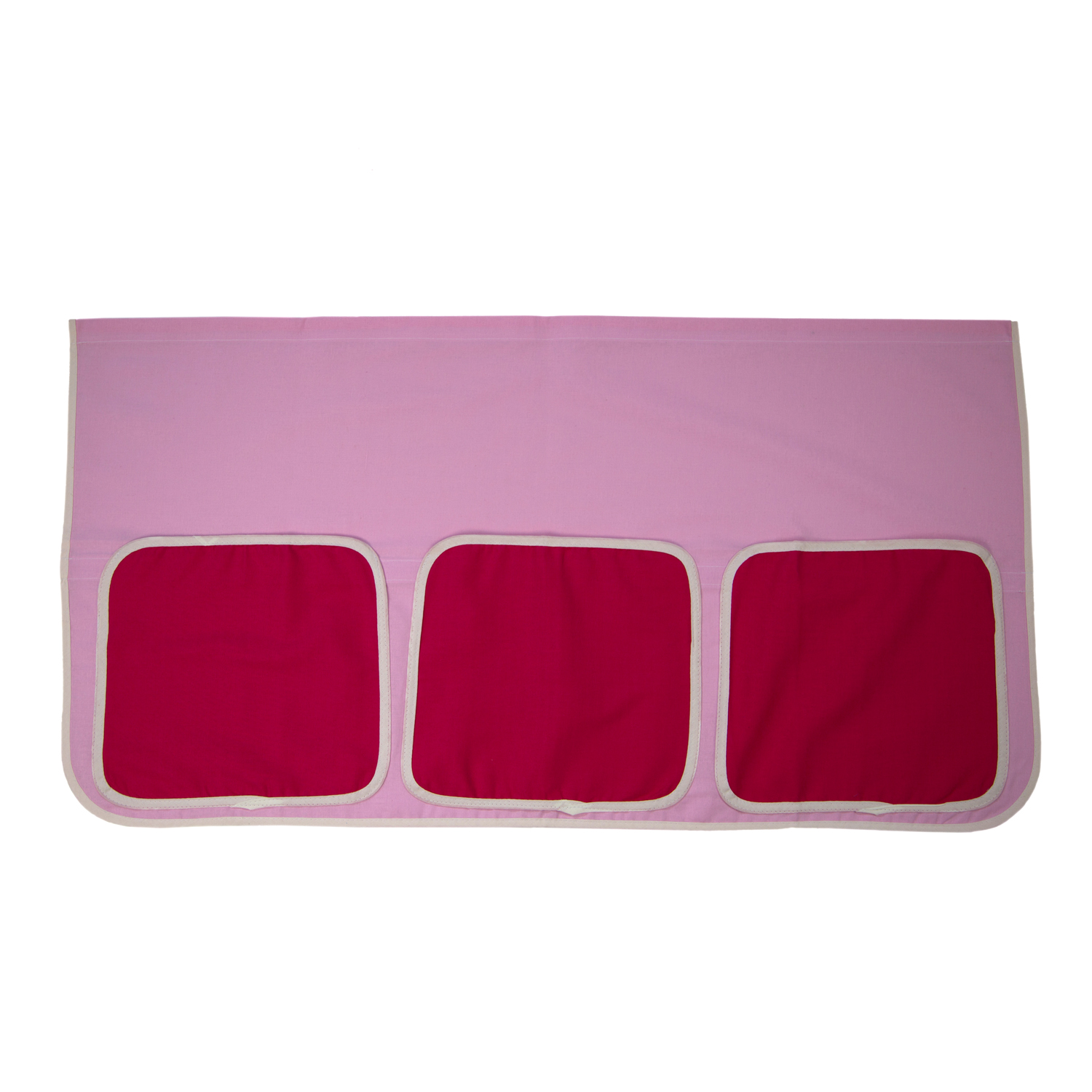 Betttasche in Pink mit Spielvorhang. Die rechteckige Stofftasche ist flach ausgebreitet vor weißem Hintergrund abgebildet. Drei nebeneinander angeordnete aufgesetzte Taschen mit hell eingefassten Öffnungen sind sichtbar.