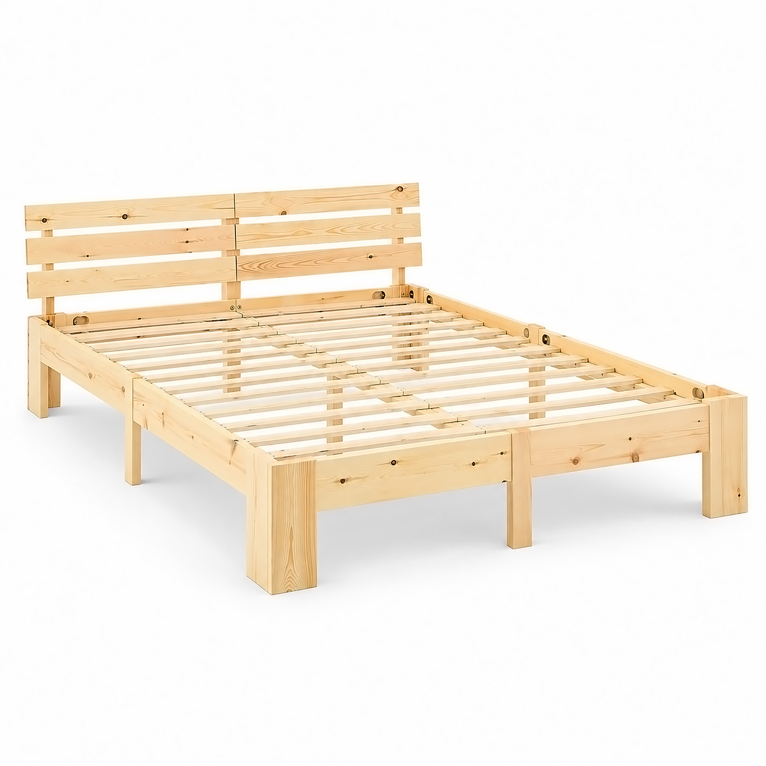 Wooden Bed 140x200 cm Natural – Solid Pine Double Bed with Slatted Base for Bedrooms, Teenagers' Rooms, and Guest Rooms