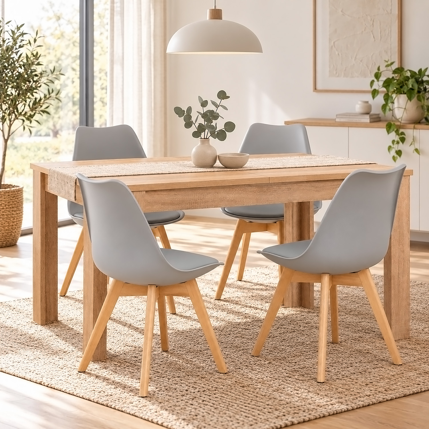 Dining Set (5-Piece): 120x80 cm oak extendable dining table with 4 grey plastic chairs and wooden legs