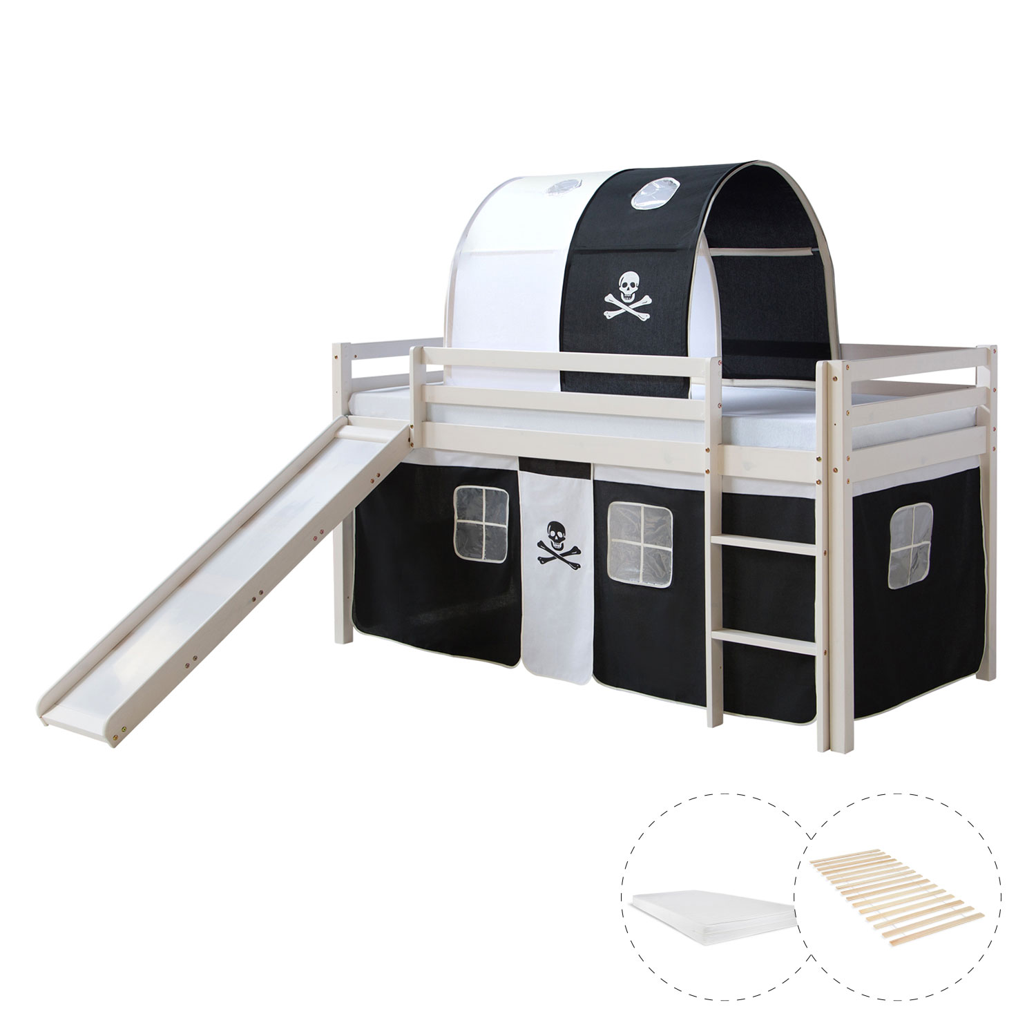 Loftbed with Mattress 90x200 cm Slide Bunk bed Childrens bed Solid Pine Wood Curtain Tunnel Black Pirate Slatts