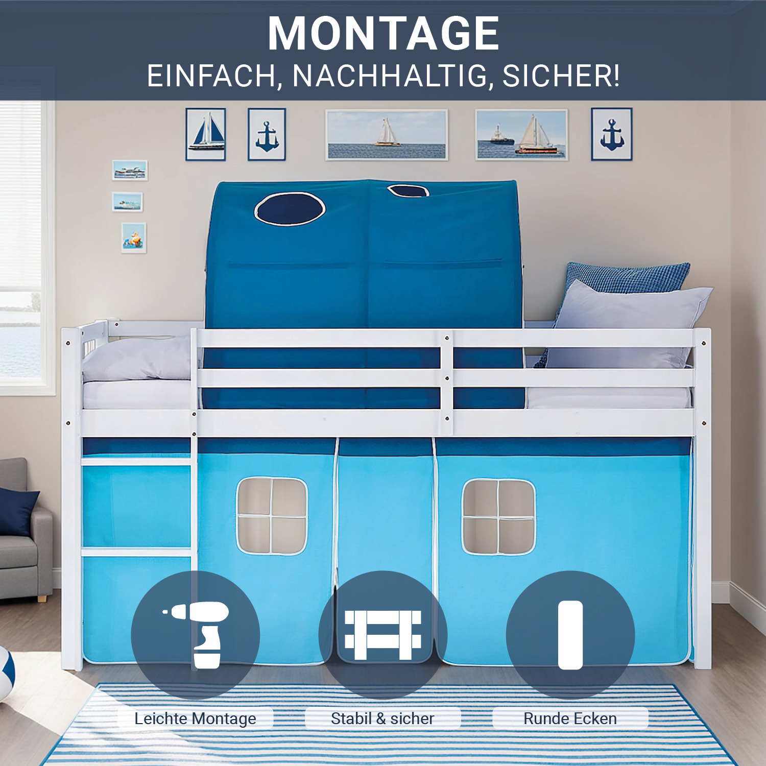Loft Bed for Kids 90x200 cm White with Curtain in Blue | Tunnel | with Slatted Frame and Mattress