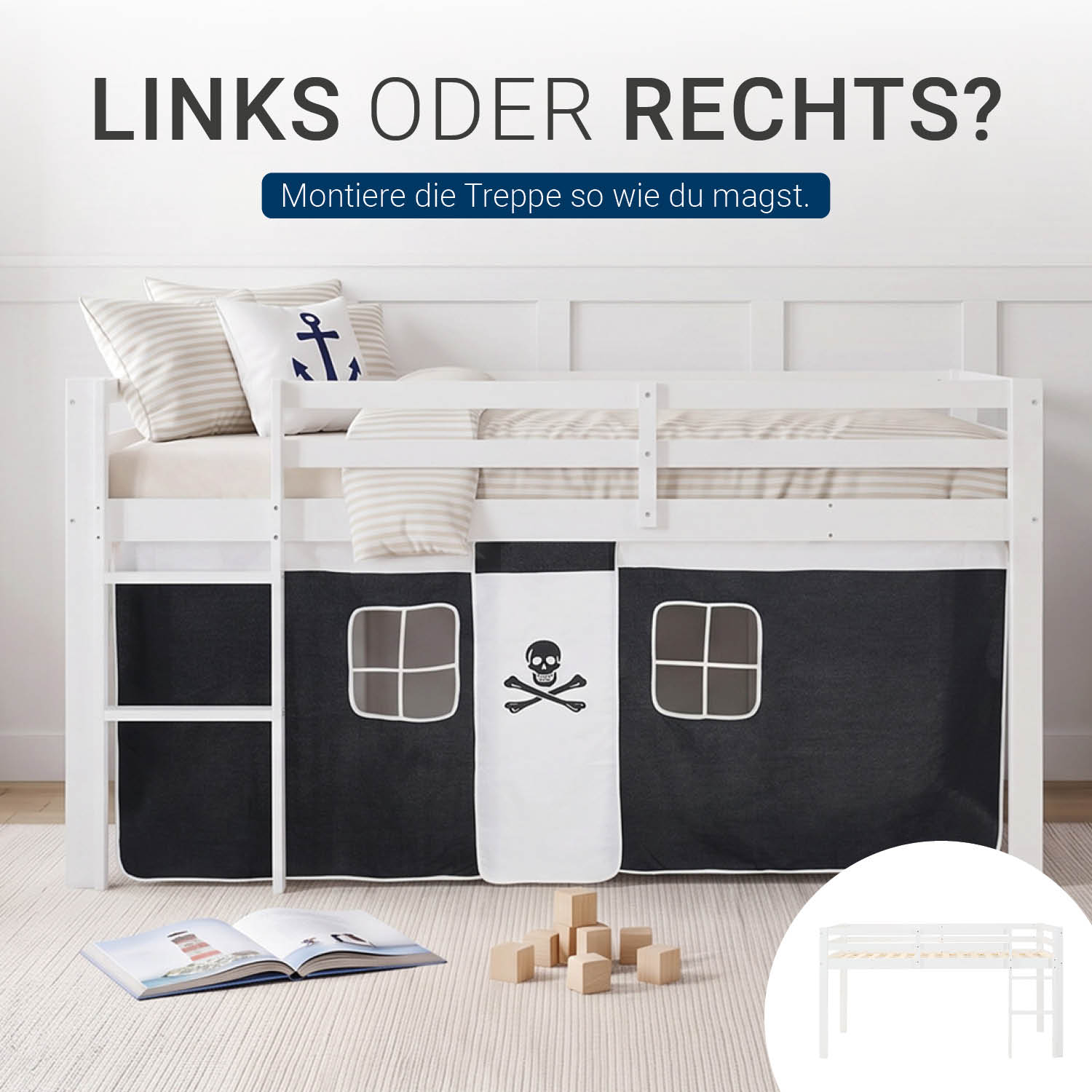Children's Loft Bed 90x200 cm White with Black Curtain | Without Slatted Base | Pirate | Bed for Boys
