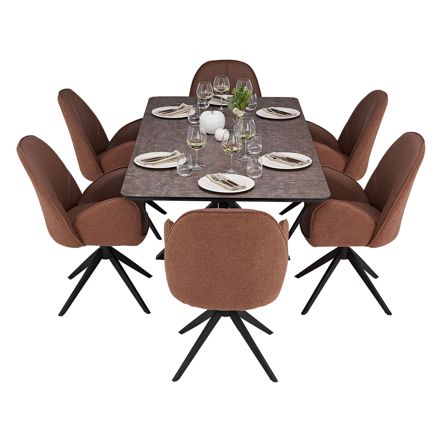 Dining set | 6-piece set upholstered chairs brown bouclé Leder with armrest | swivel | dining table brown metal frame 200 x 100 cm