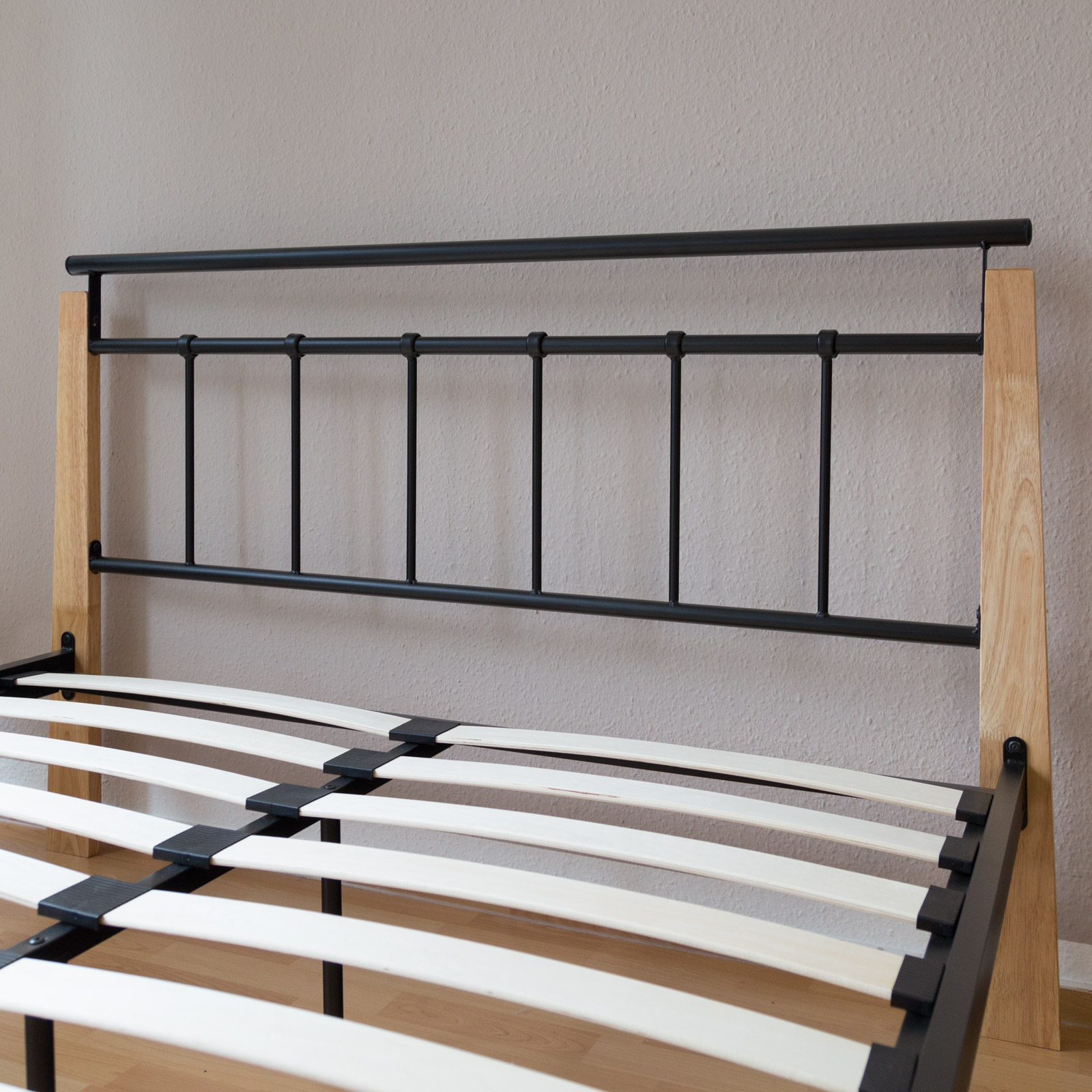 Metal Bed Iron Bed Double 160 x 200 Wood Slatted black natural bed frame 5072