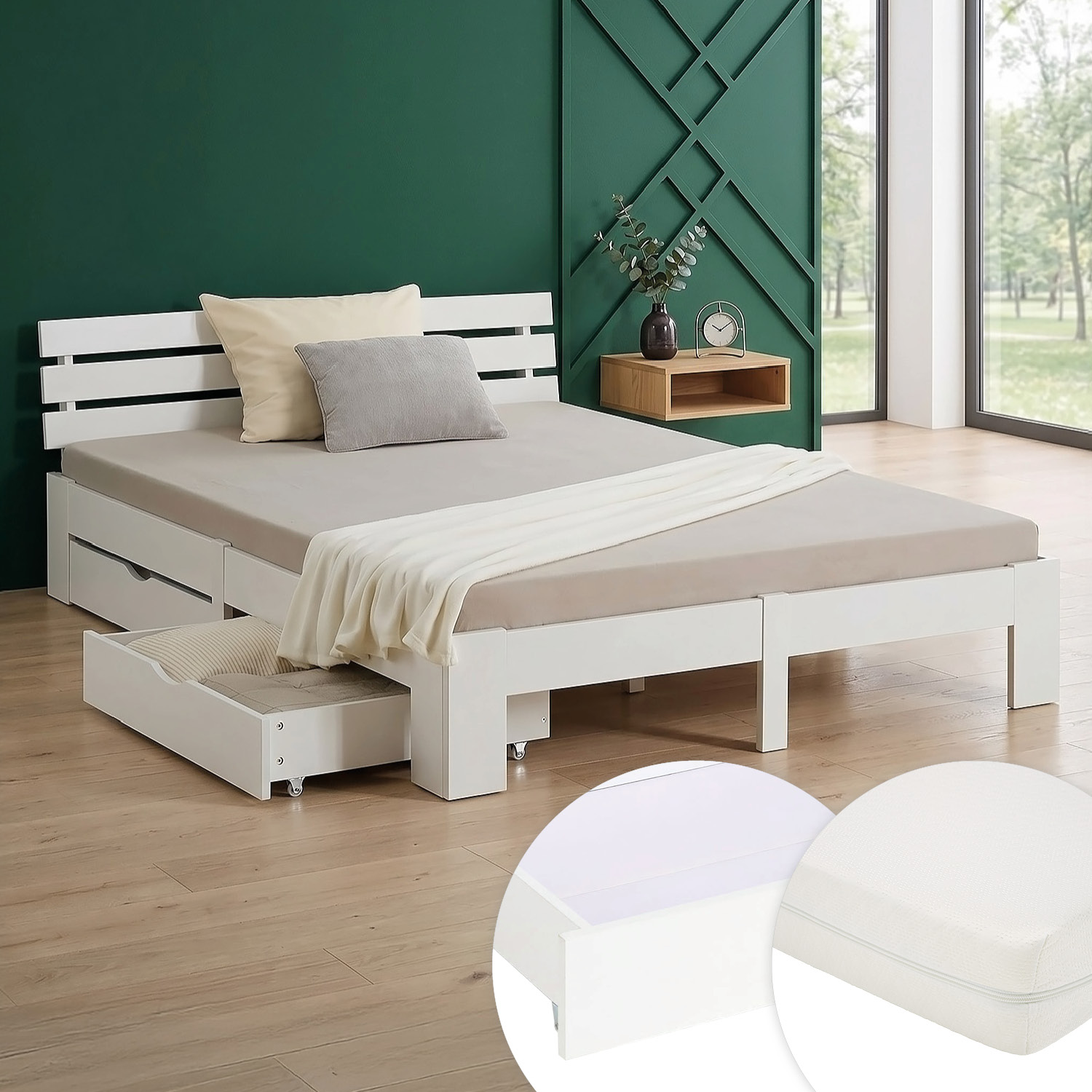 Wood Bed 140x200 cm White | Double Bed with Storage 2 Drawers | with Mattress | Solid | Kids Youth Guest Bedroom