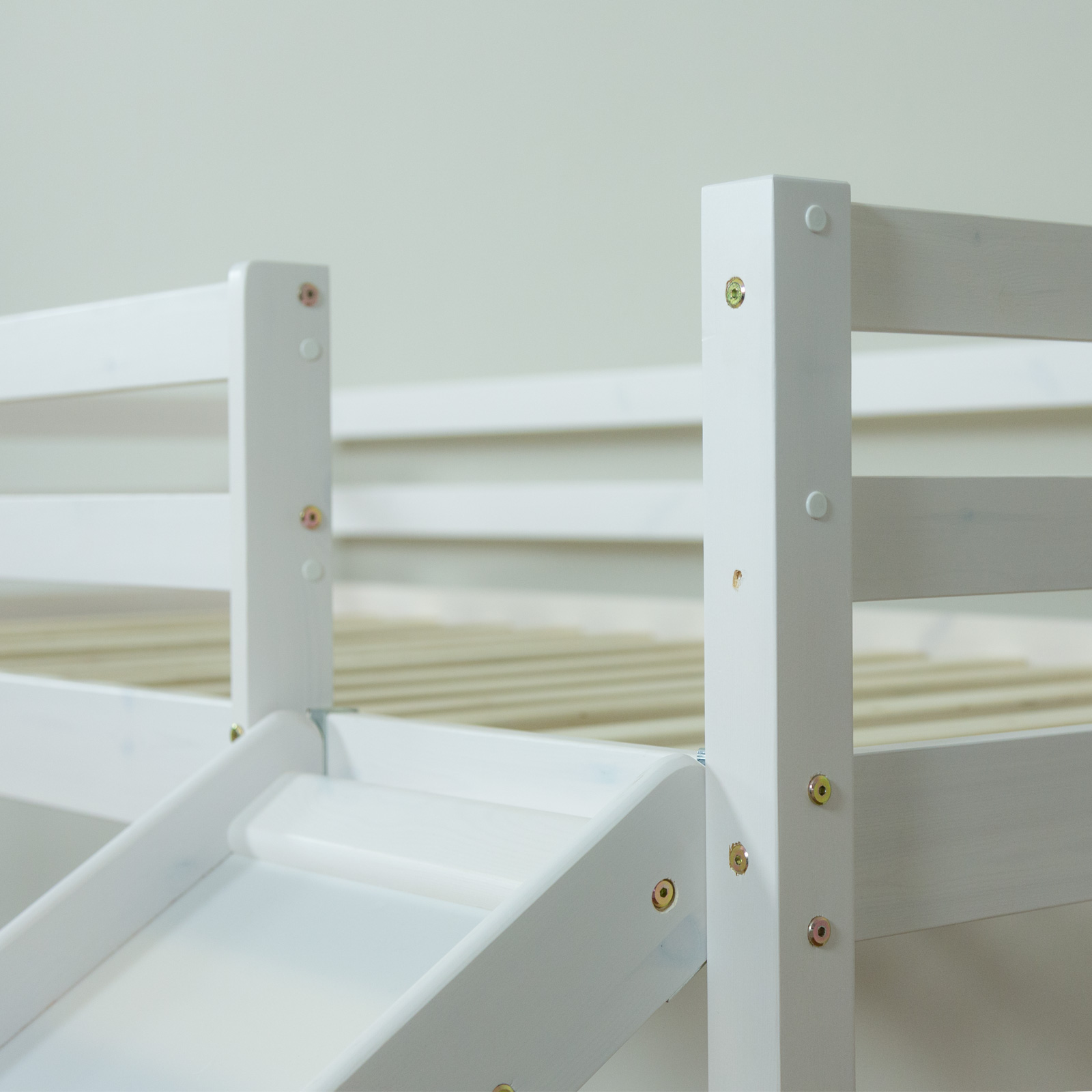 Loft Bed Kids 90x200 cm White with Curtain Blue Pirate | Tower | Slide | without Slatted Frame