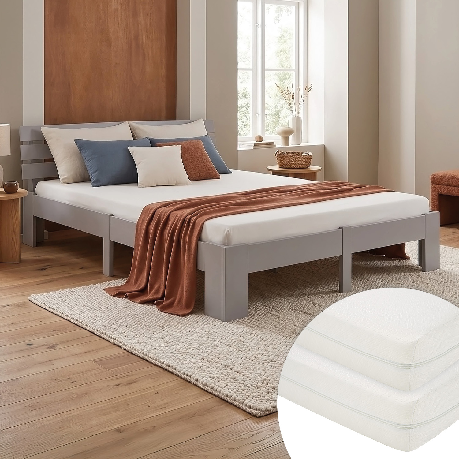 Wood Bed 180x200 cm Grey | Double Bed | with 2 Mattress | Solid | Kids Youth Guest Bedroom