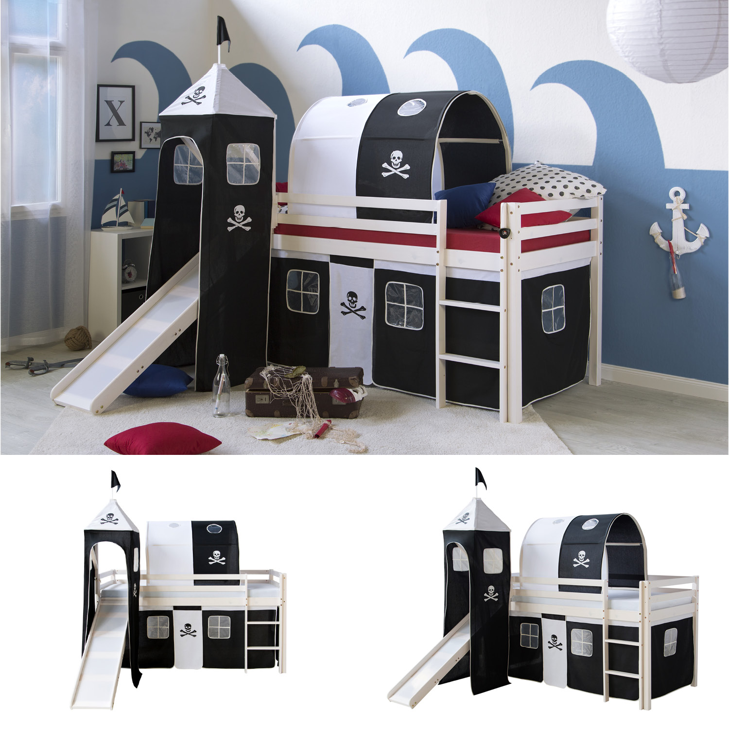 Loft Bed Kids 90x200 cm White with Curtain Black | Tunnel | Tower | Slide | without Slatted Frame