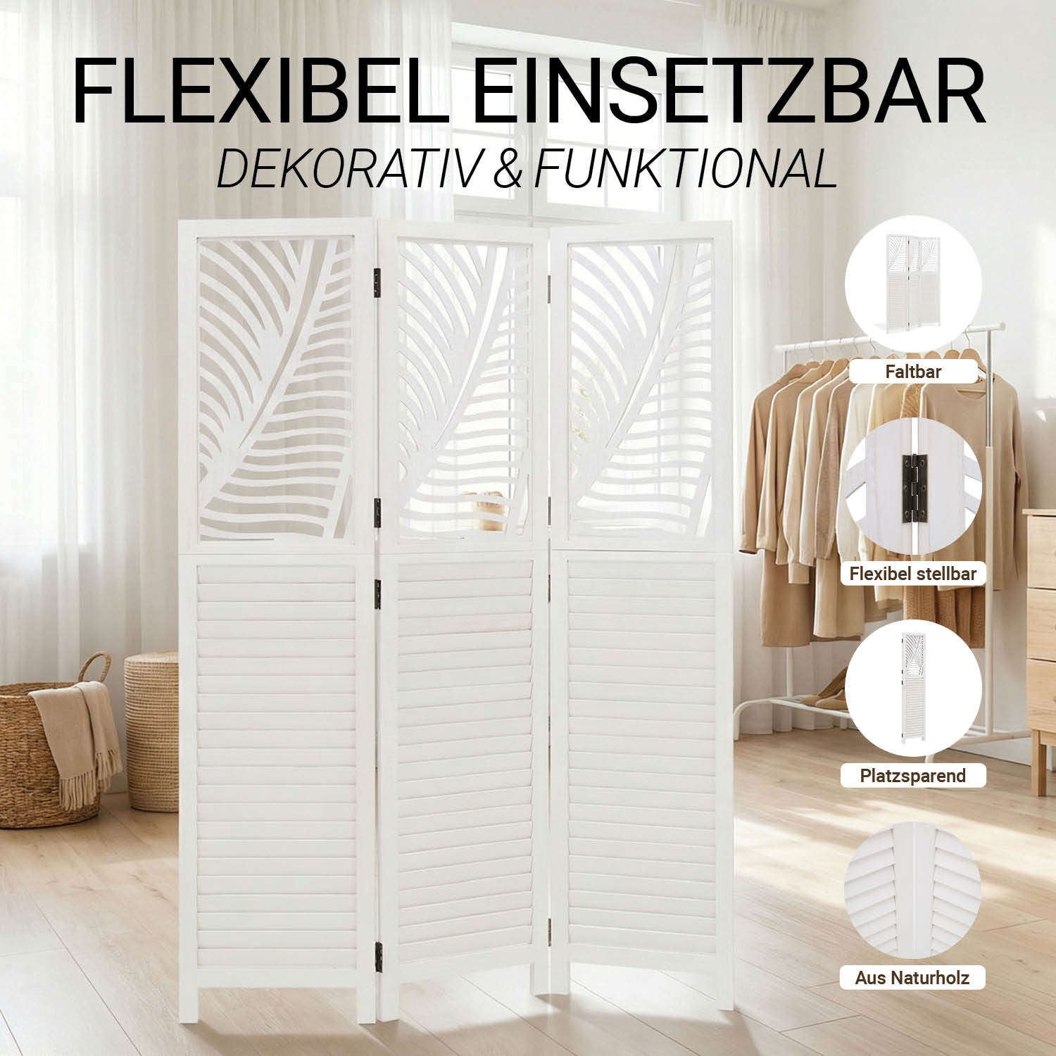 Paravent White Rattan-Style Decorations | 3-panel | Wood | Room Divider Partition Privacy Screen