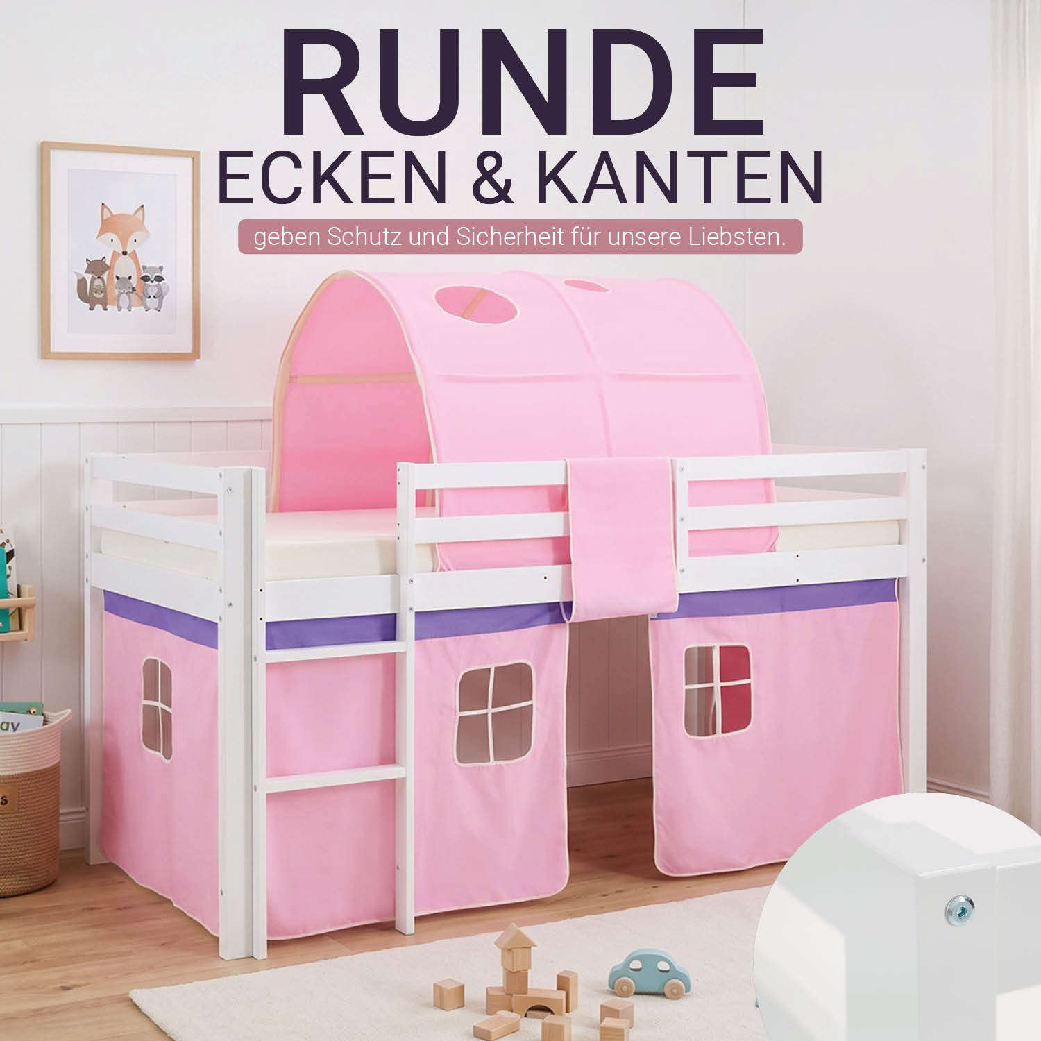 Children's Loft Bed 90x200 cm White with Pink Curtain | Tunnel | Without Slatted Base