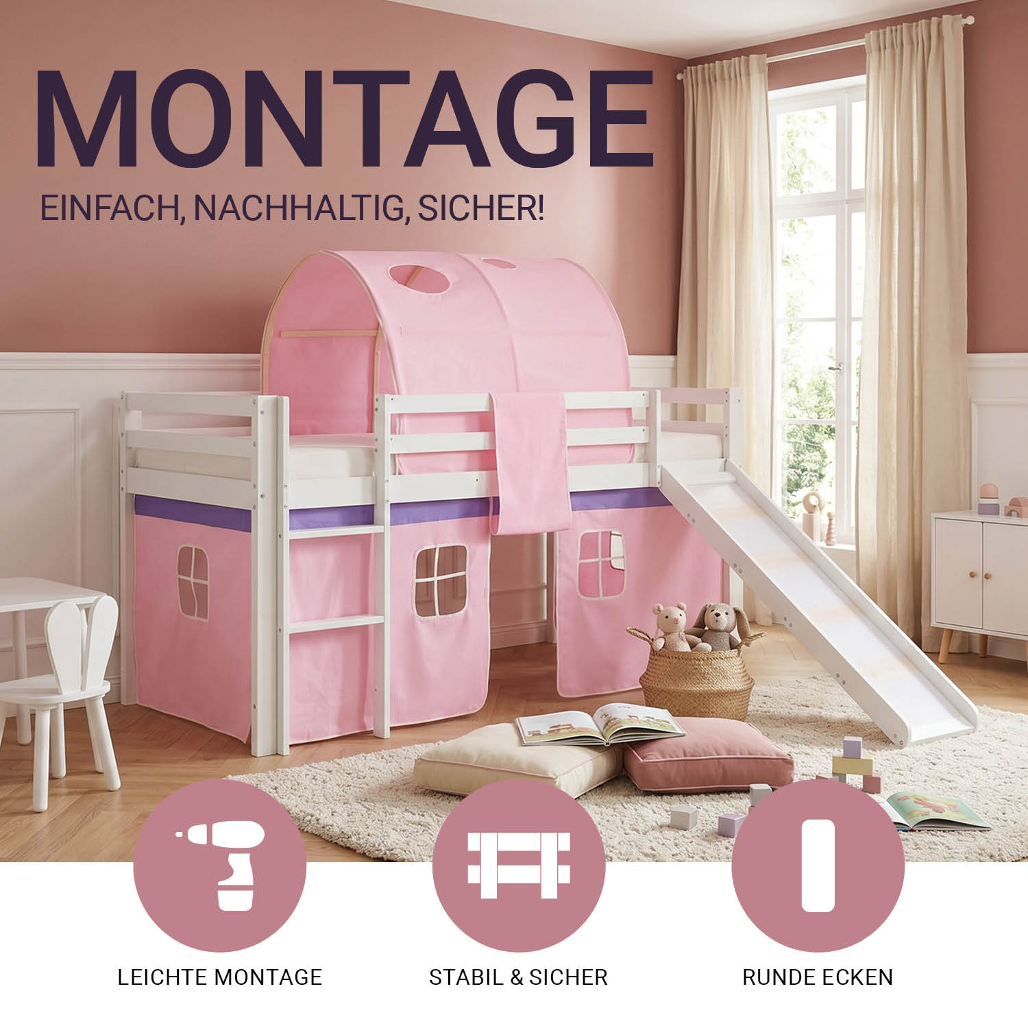 Children's Loft Bed 90x200 cm White with Pink Curtain | Slide | Tunnel | Includes Slatted Base | Includes Mattress