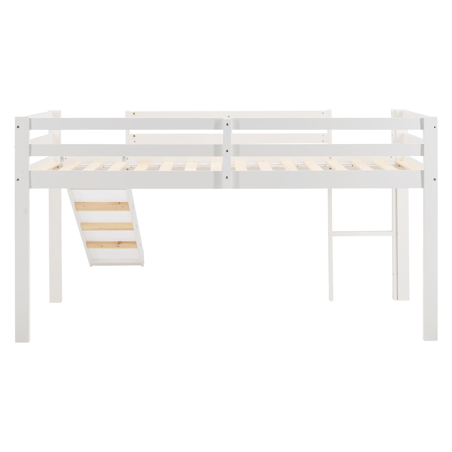 Children's Loft Bed 90x200 cm, White with Blue Curtain | Slide | Includes Slatted Base