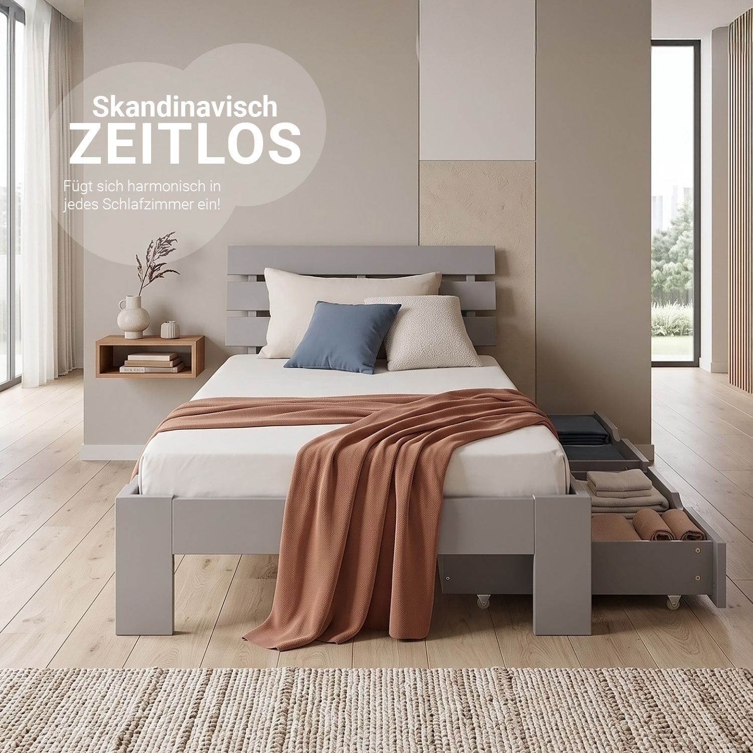 Wooden Bed 90x200 cm Gray | Single Bed with Storage | With Slatted Base | Solid Wood | Children's, Teen, or Guest Bedroom