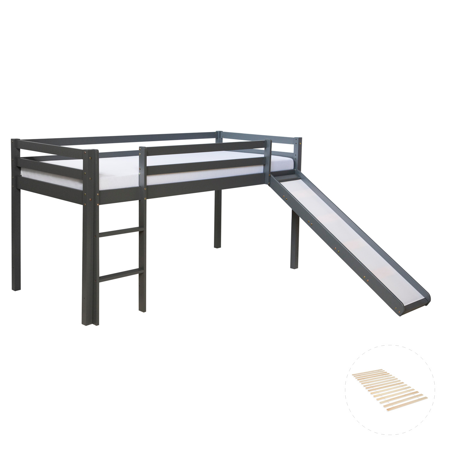 Loft Bed Kids 90x200 cm Gray Basic | Slide | with Slatted Frame