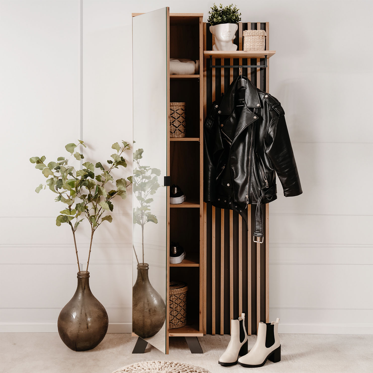 Industrial Look Wardrobe Hallway with Mirror Furniture Hall Unit Hallway Wardrobe Oak Wood 3D Wall Panel Entryway Coat Rack
